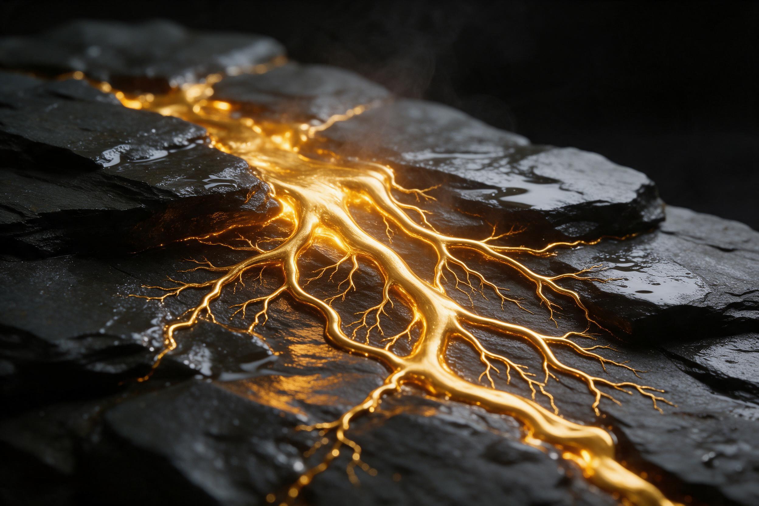 Molten gold liquid metal flowing through dark slate crevices, creating intricate branching rivers of light. Macro shot with shallow depth of field, warm glow reflecting on wet stone, subtle steam rising. Background softly blurred black. High contrast, dramatic chiaroscuro lighting.
