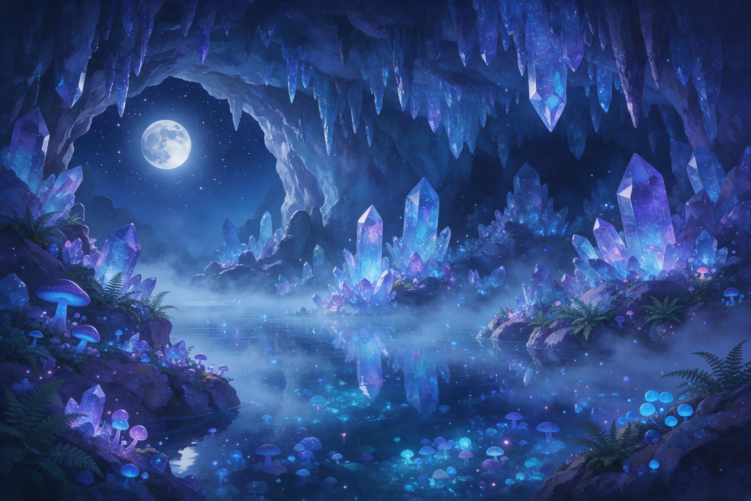 A moonlit crystal cavern, glowing blue and violet crystals jutting from walls, a still underground lake reflecting starlight, ethereal mist curling above water, delicate ferns and glowing mushrooms along the shore, soft diffused light from crystalline sources, painterly style with luminous color gra