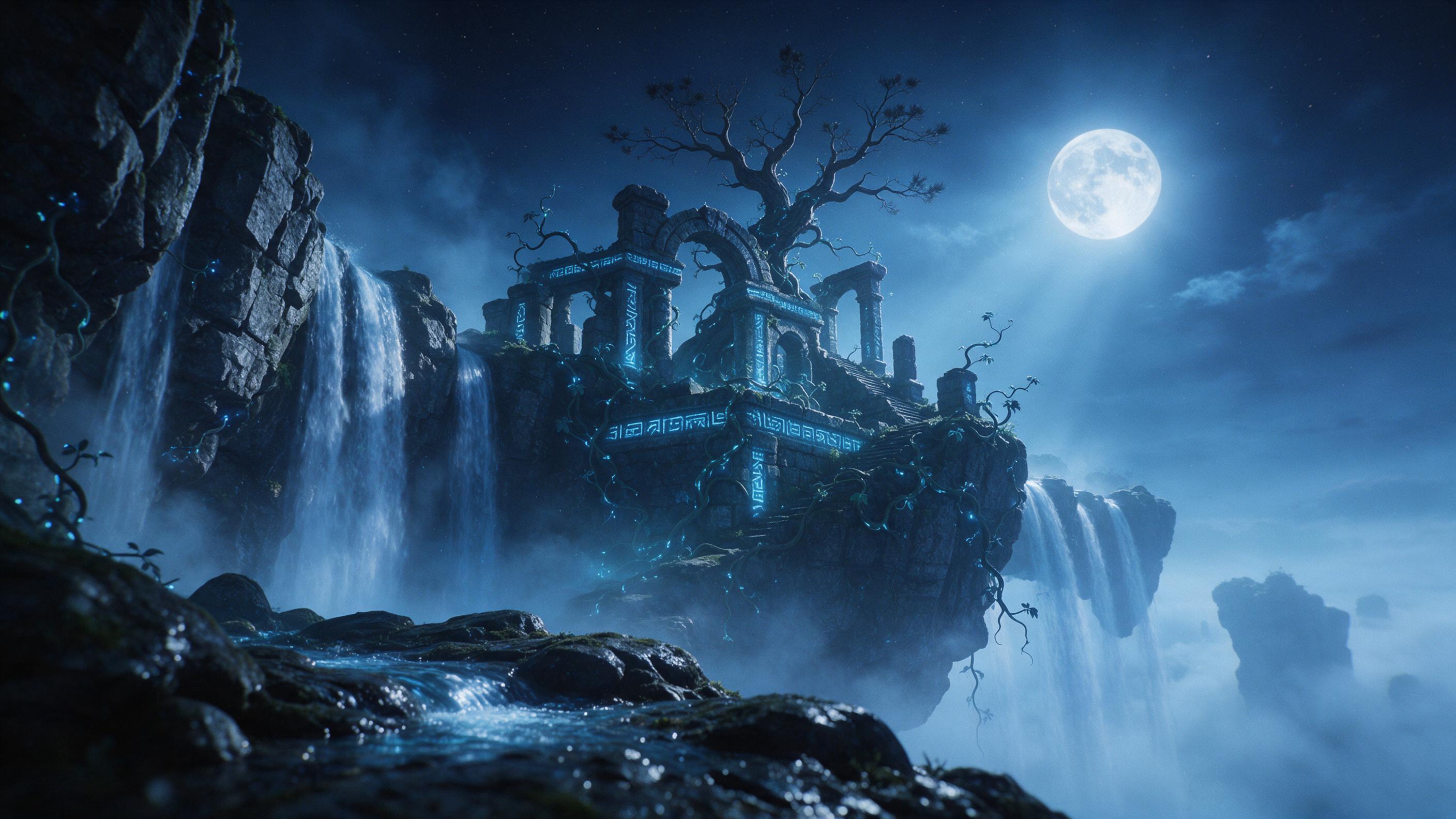 A moonlit floating island, cascading waterfalls falling into a misty abyss, ancient glowing runes etched on stone ruins, bioluminescent vines wrapping around twisted trees, ethereal blue light, soft volumetric fog, dramatic low-angle composition, cinematic color grading, subtle grain