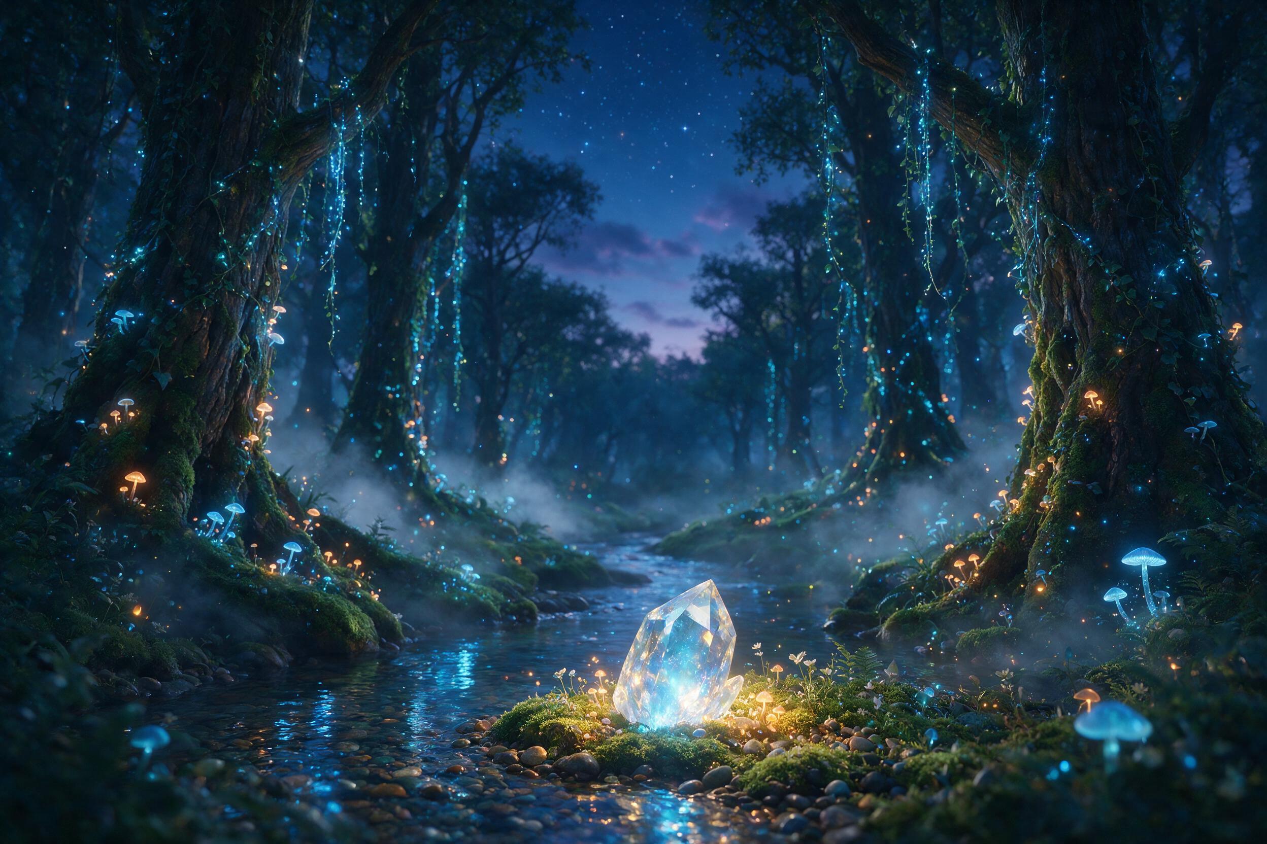 A mystical forest at twilight, bioluminescent mushrooms and glowing vines hanging from ancient trees, a gentle stream reflecting starlight, soft mist weaving through the scene, warm amber and cool blue tones, shallow depth of field with focus on a glowing crystal in the foreground, dreamlike atmosph