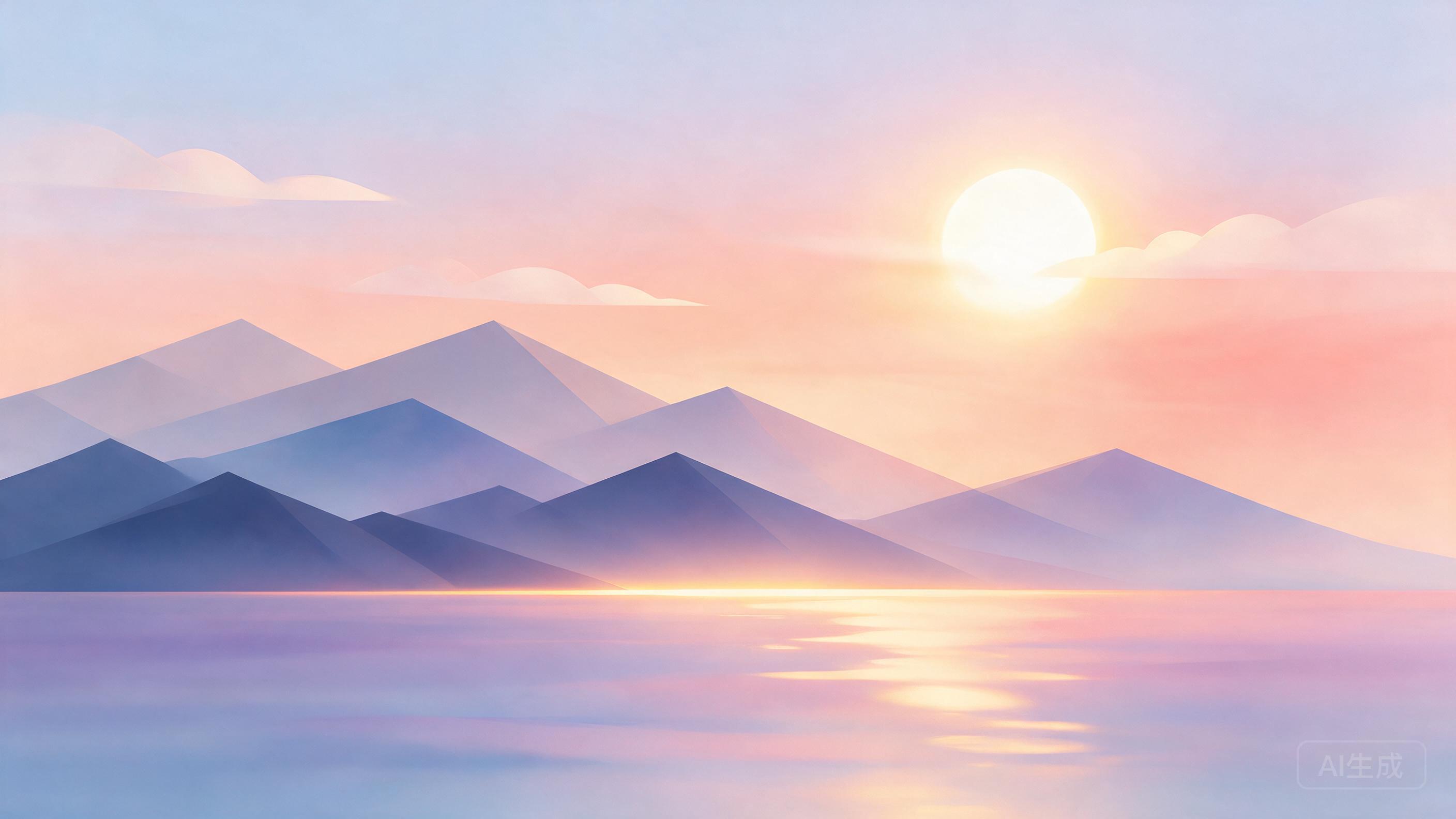 Minimalist geometric landscape in pastel tones, soft gradients, abstract mountains meeting calm ocean at sunset