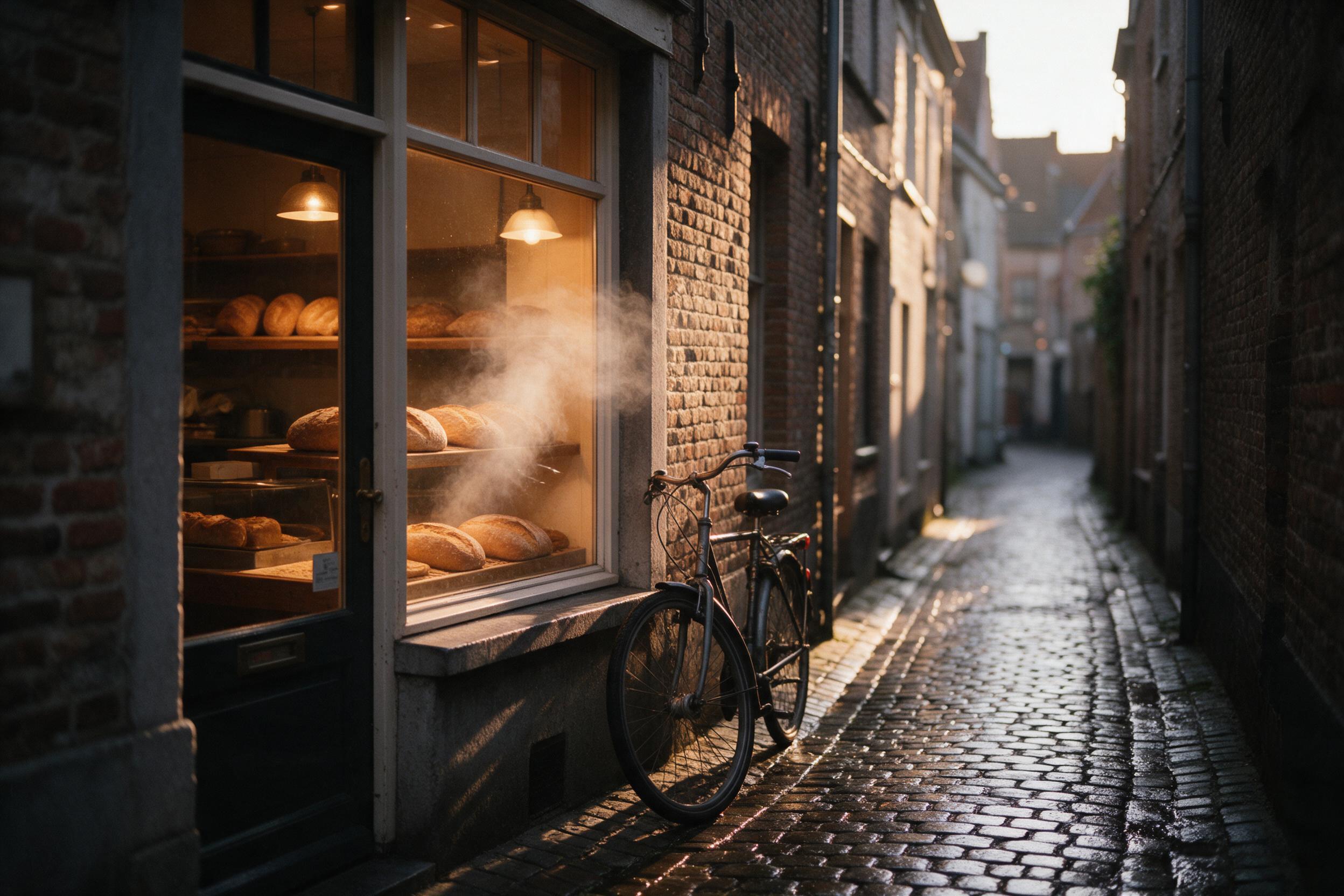 A narrow old town alley at dusk, warm light spilling from a bakery window, steam rising from fresh bread, cobblestones wet from recent rain, a bicycle leaning against a brick wall, soft shadows and golden hour glow, shallow depth of field, candid street photography mood, slight grain and natural col
