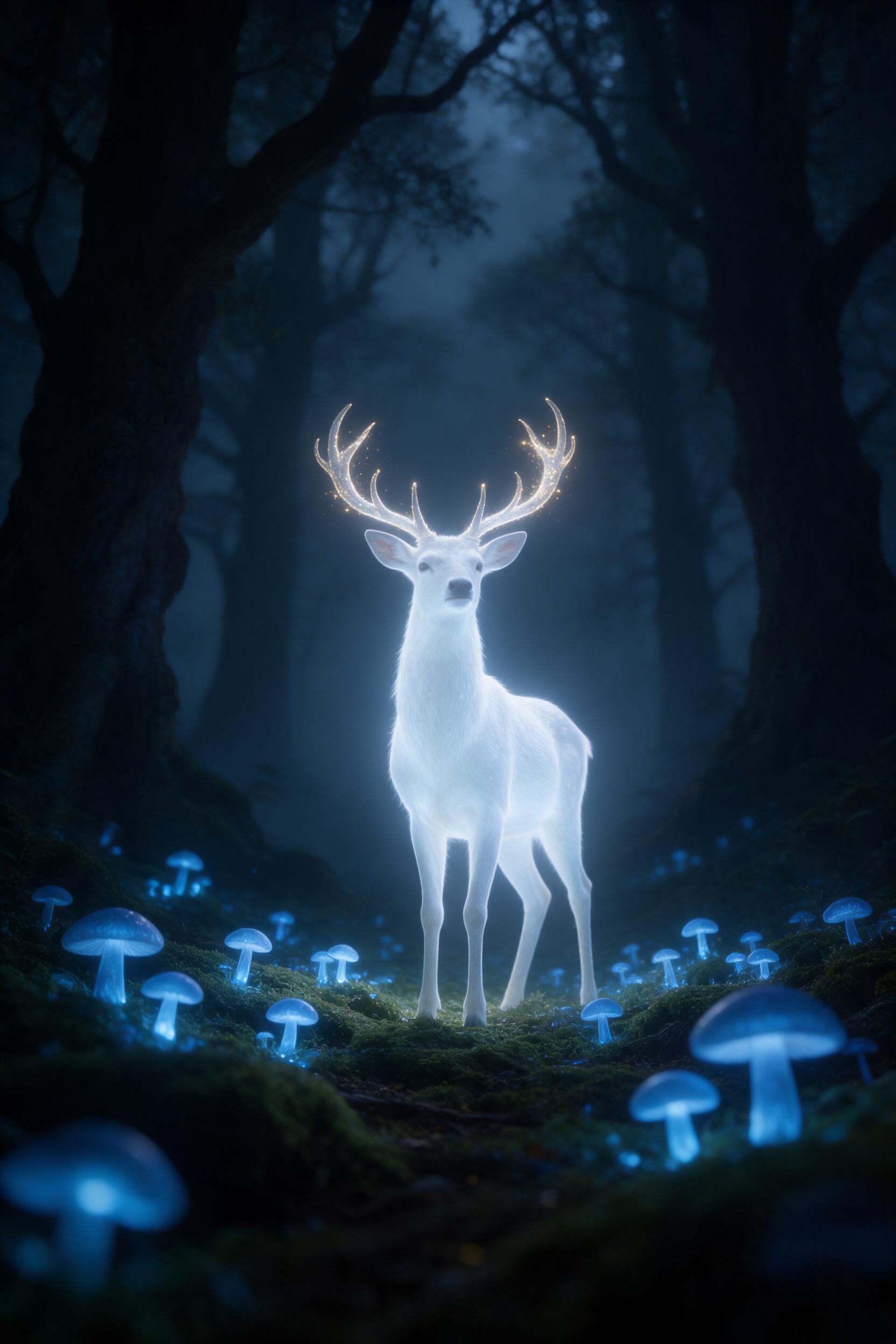 A lone, luminescent white deer stands in a dark, misty forest. Glowing blue mushrooms line the mossy ground, casting soft light. The deer's antlers emit a faint, golden shimmer. Silhouetted ancient trees recede into fog. Low-angle view, centered composition. Natural soft light from the mushrooms, wi