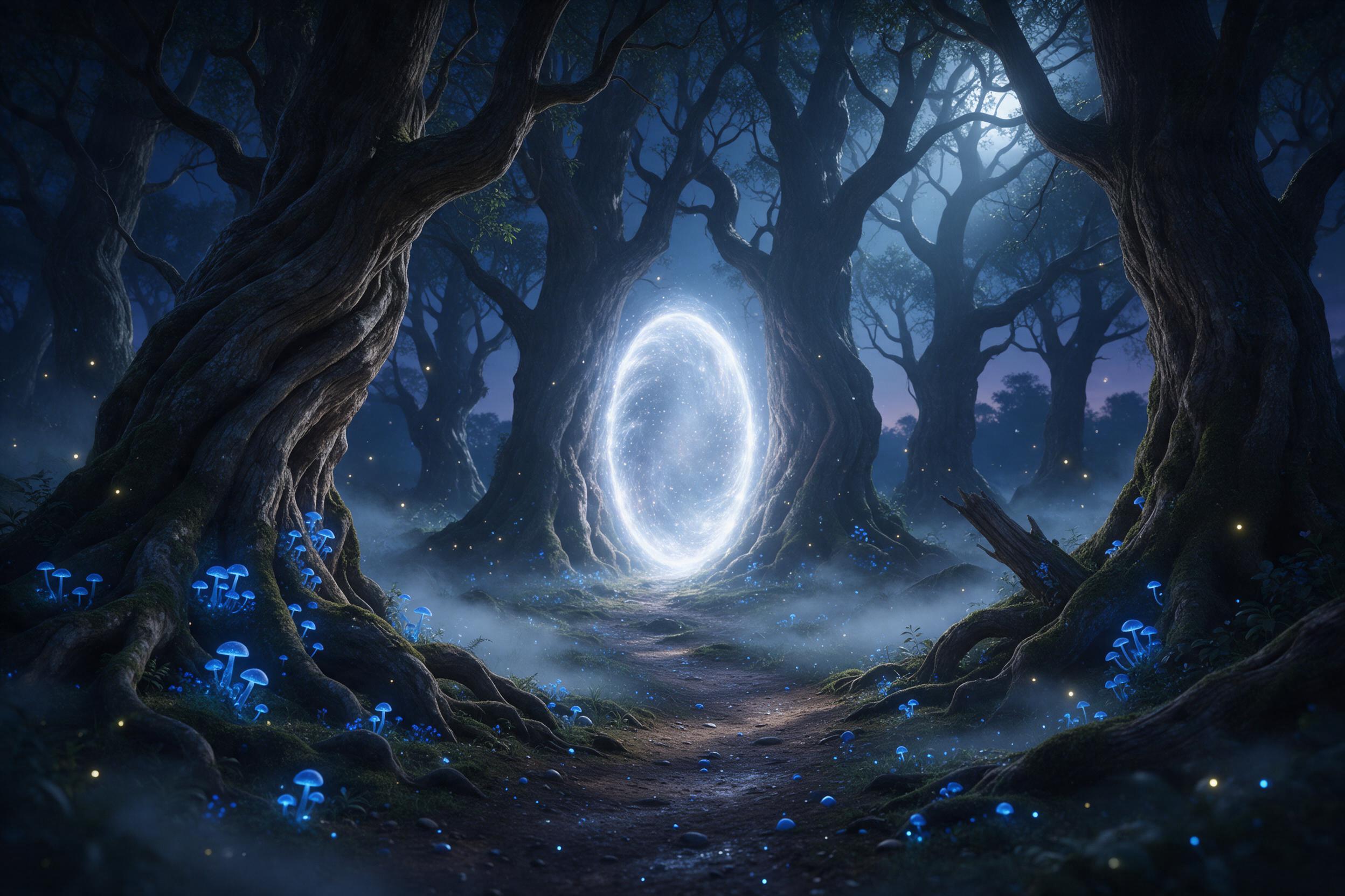 A mystical forest at twilight, ancient gnarled trees with glowing blue mushrooms at their roots, a narrow winding path leading to a radiant ethereal portal between two massive trunks, soft fog drifting across mossy ground, fireflies sparkling in the air, dappled moonlight filtering through leaves, s