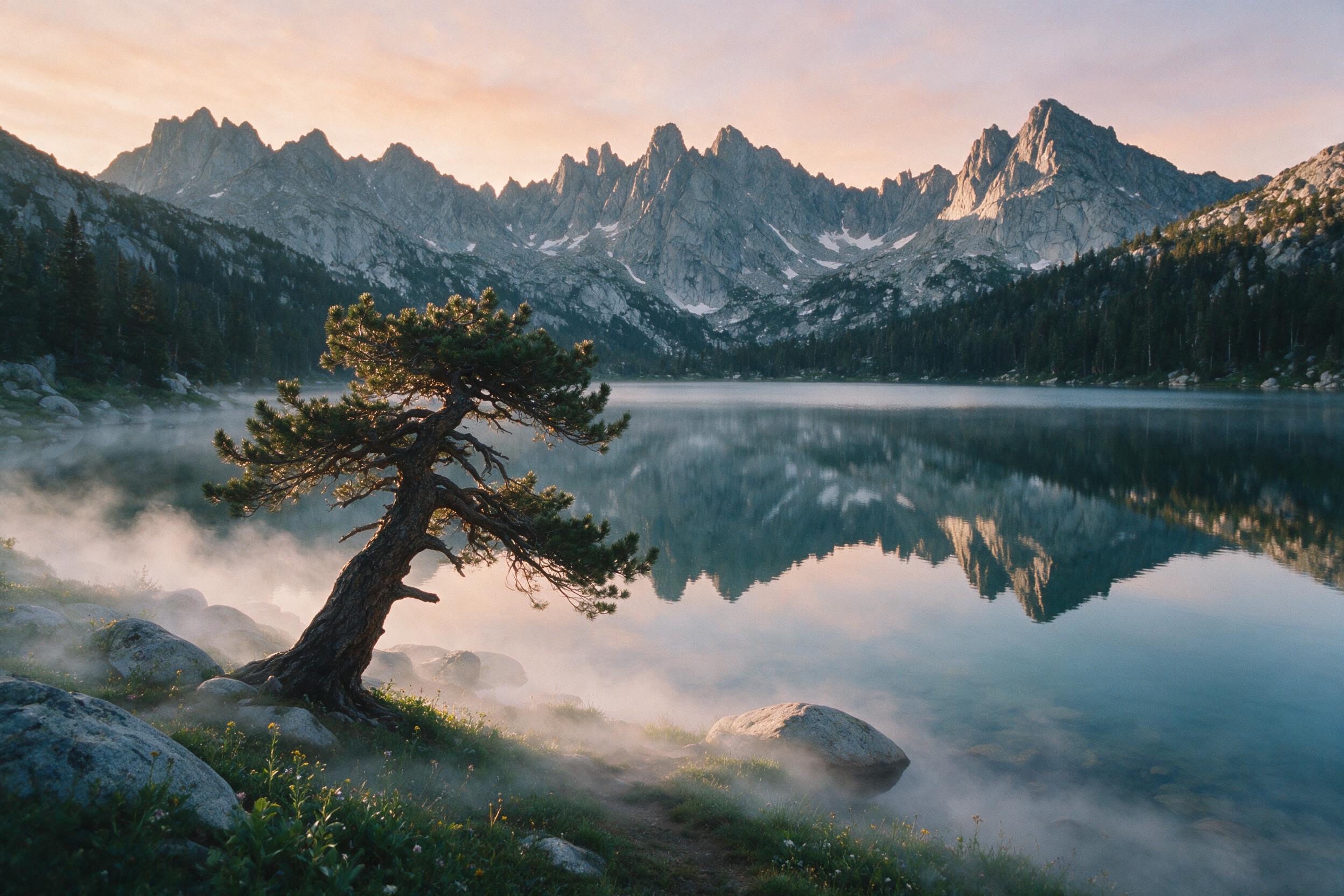 A misty alpine lake at dawn, mirror-calm surface reflecting jagged granite peaks and a soft peach sky. A lone pine leans over the shore, ground fog curling. Shot on 35mm film, slight grain, cool shadows with warm rim light.