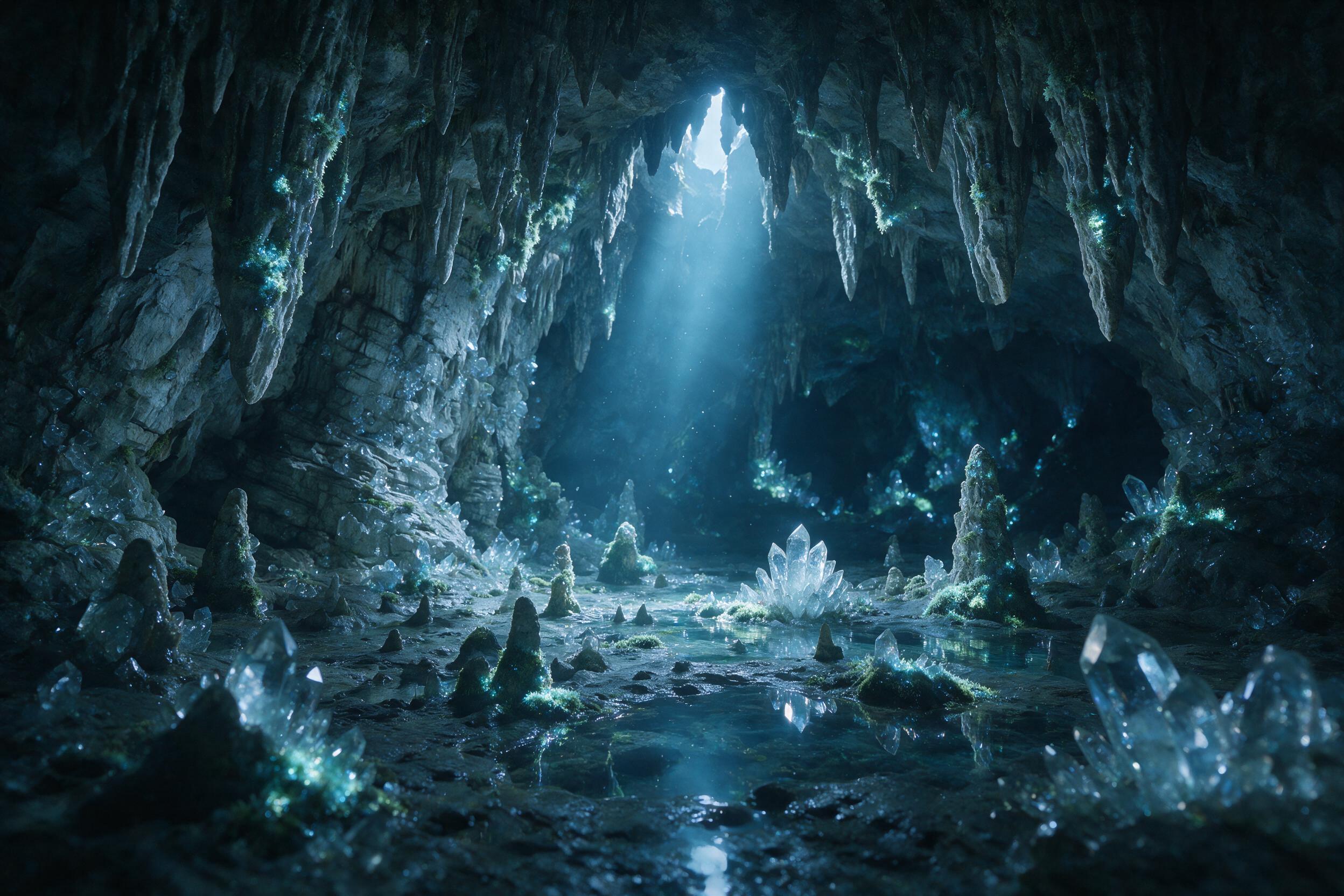 A luminous, glowing crystal cave deep underground, bioluminescent moss clinging to jagged stalactites, a single shaft of pale blue light piercing through a crack in the cavern ceiling, casting soft shadows on the damp, reflective floor, a sense of serene mystery, wide-angle composition, natural ligh