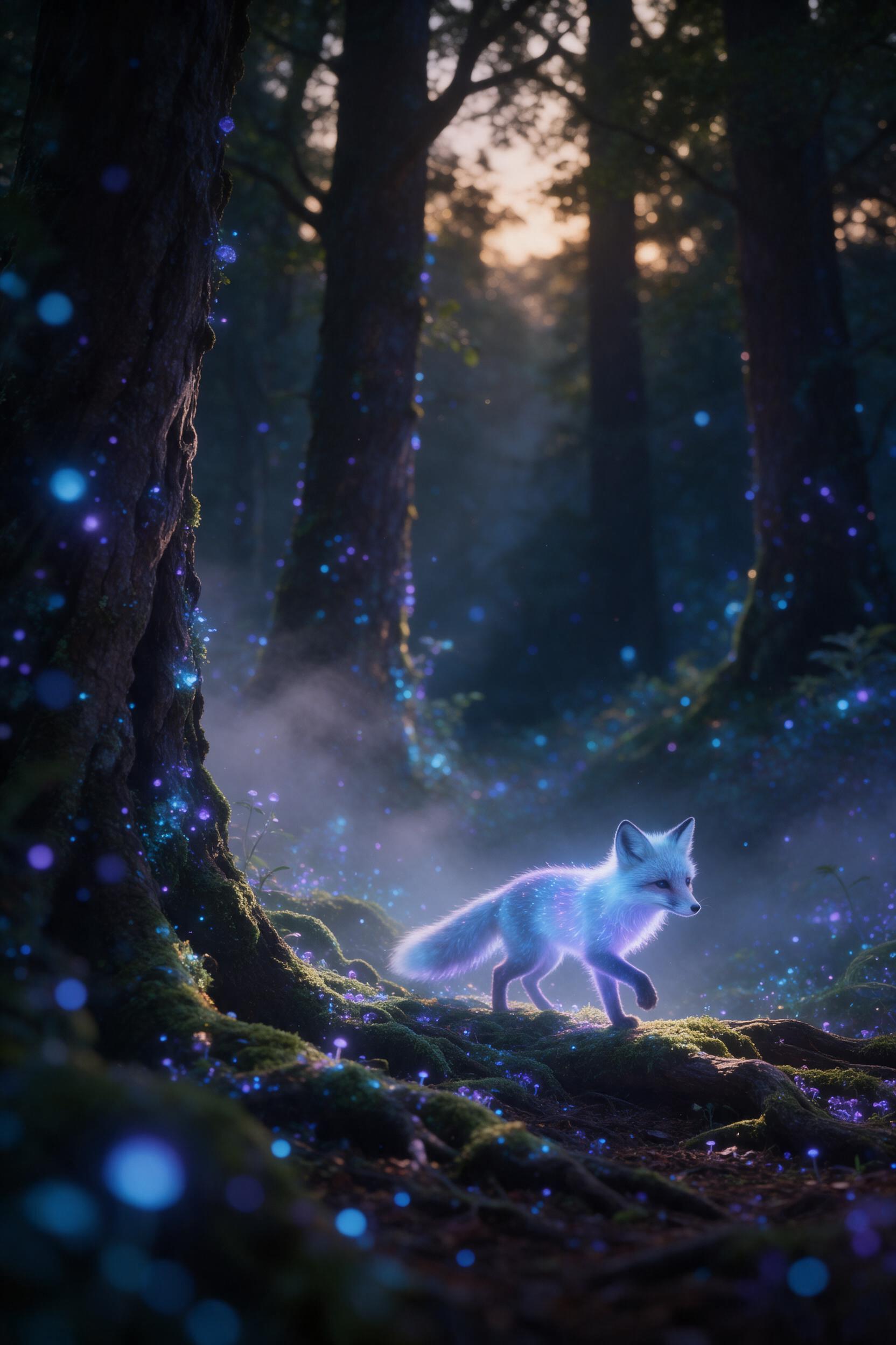 A bioluminescent forest at dusk, ancient trees with glowing blue and purple spores, a small glowing fox creature walking on moss-covered roots, soft mist between trunks, golden light filtering through canopy, shallow depth of field, ethereal atmosphere, no people.