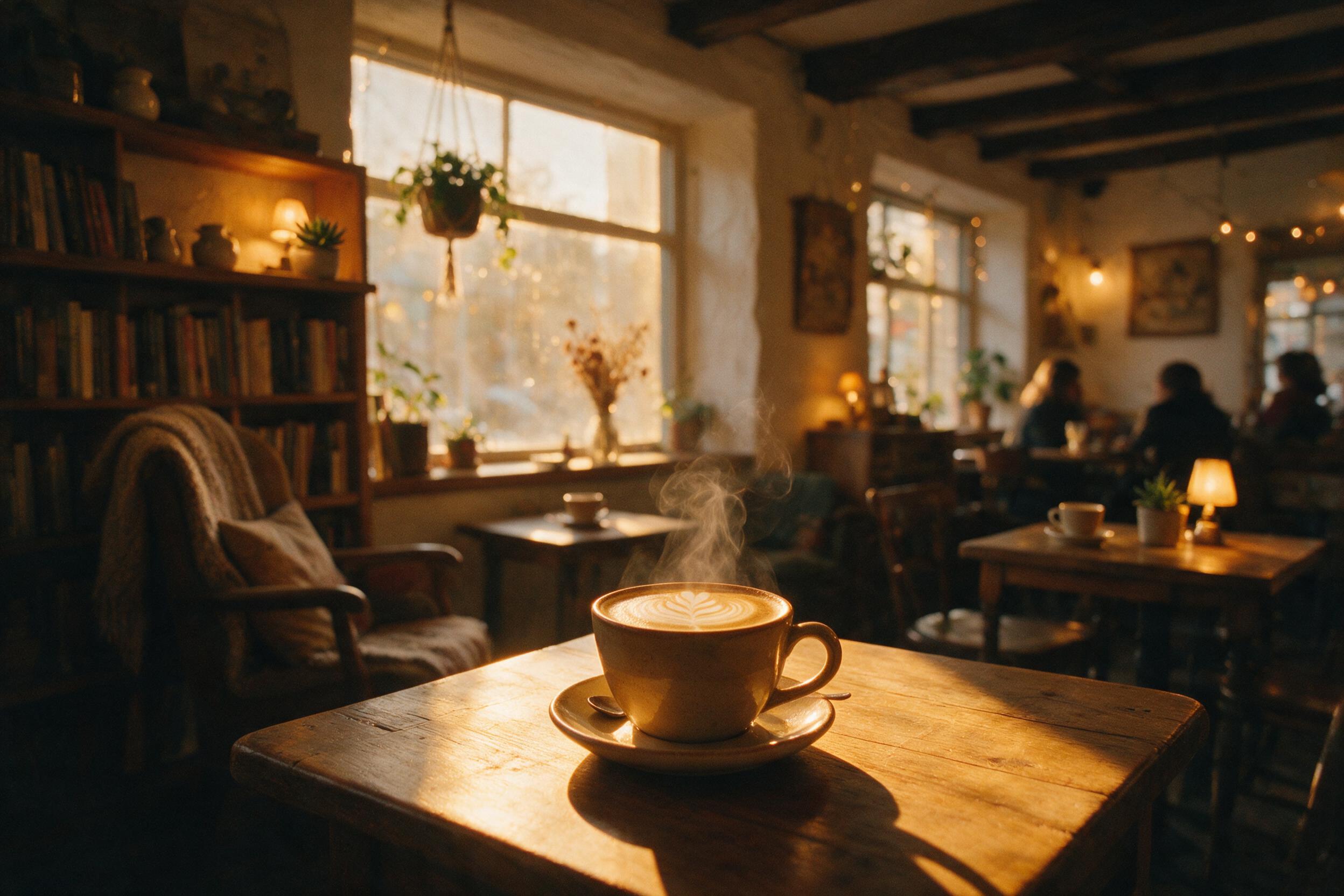A cozy dimly lit café interior at golden hour, warm amber light streaming through large windows, a steaming latte on a rustic wooden table, soft focus background with blurred plants and books, natural film grain, 35mm lens, slight vignette