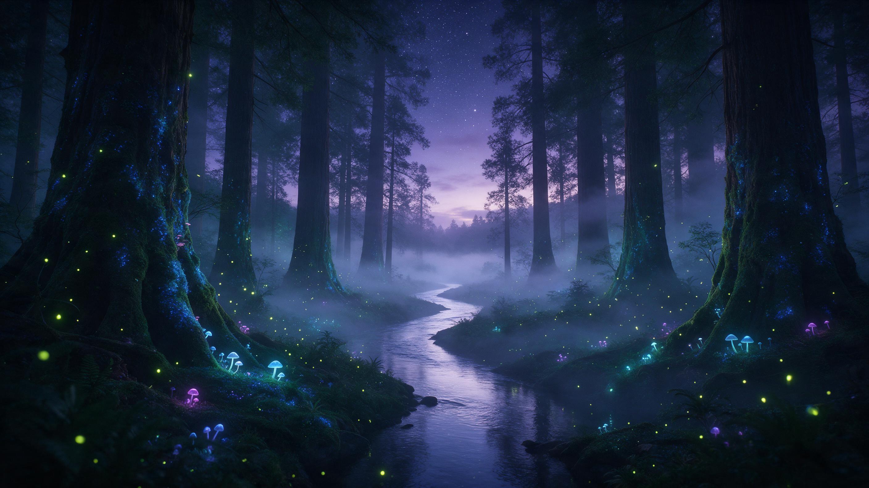 A misty magical forest at twilight, towering ancient trees with glowing blue moss, bioluminescent mushrooms casting soft neon light, a winding silver river reflecting the starry sky, ethereal fireflies dancing in the air, layered fog, deep emerald and violet hues, mysterious and serene atmosphere