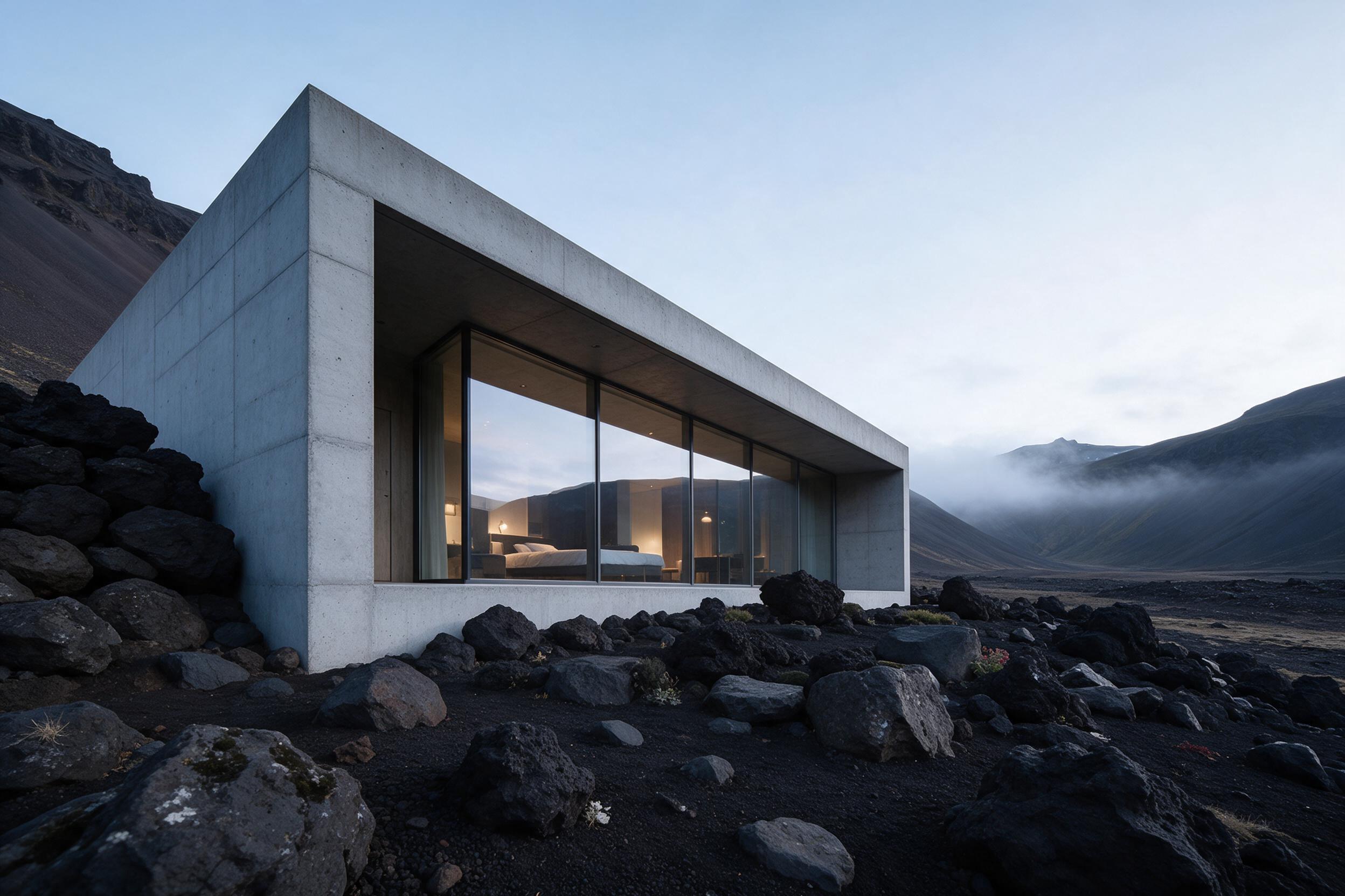 A minimalist concrete villa nestled in a barren Icelandic valley, floor-to-ceiling glass walls reflecting the pale arctic sky, warm interior light spilling onto a dark volcanic rock garden, thin mist drifting across the distant mountains, soft overcast lighting with subtle blue tones, low-angle shot