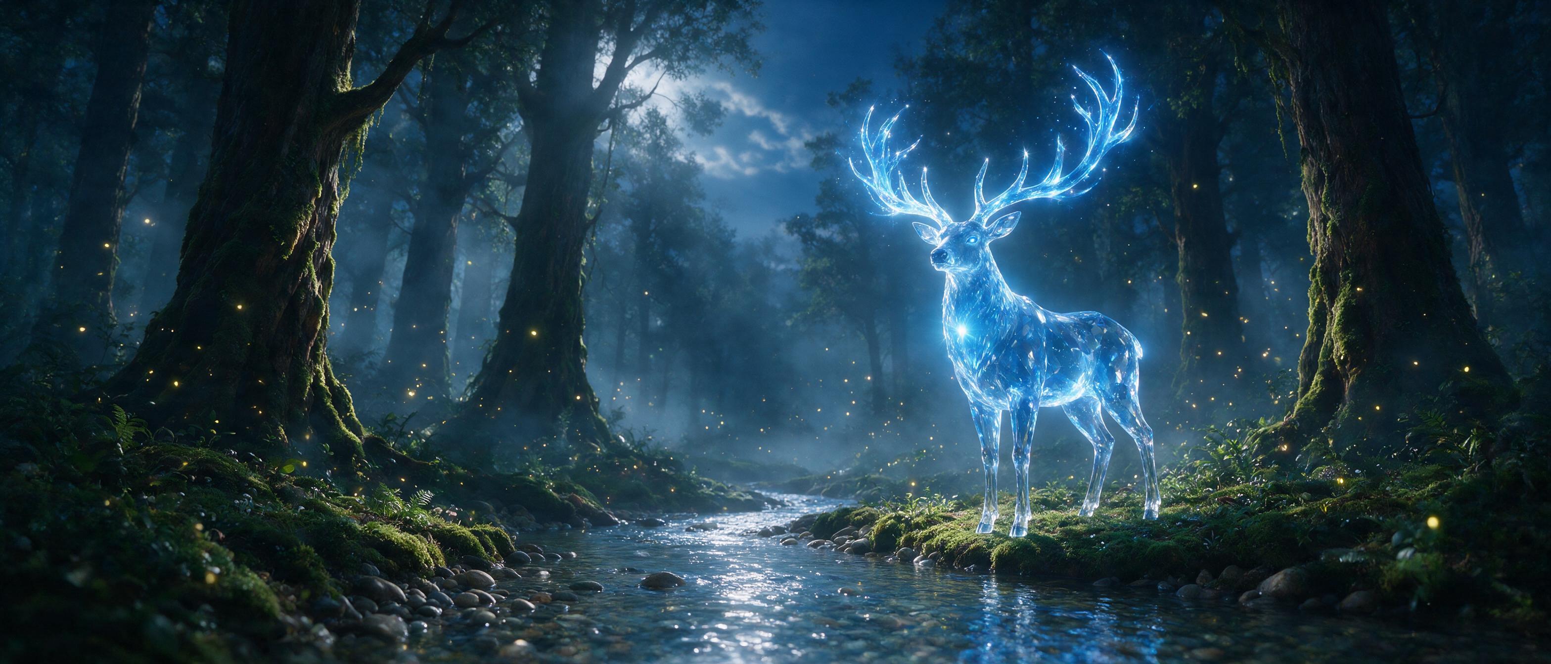 In a misty twilight forest, a glowing crystal stag with antlers of blue light stands beside a silver stream. Fireflies dance in the air, soft moonlight filters through ancient trees, atmospheric haze, dreamy mood, cinematic composition, subtle lens flare.