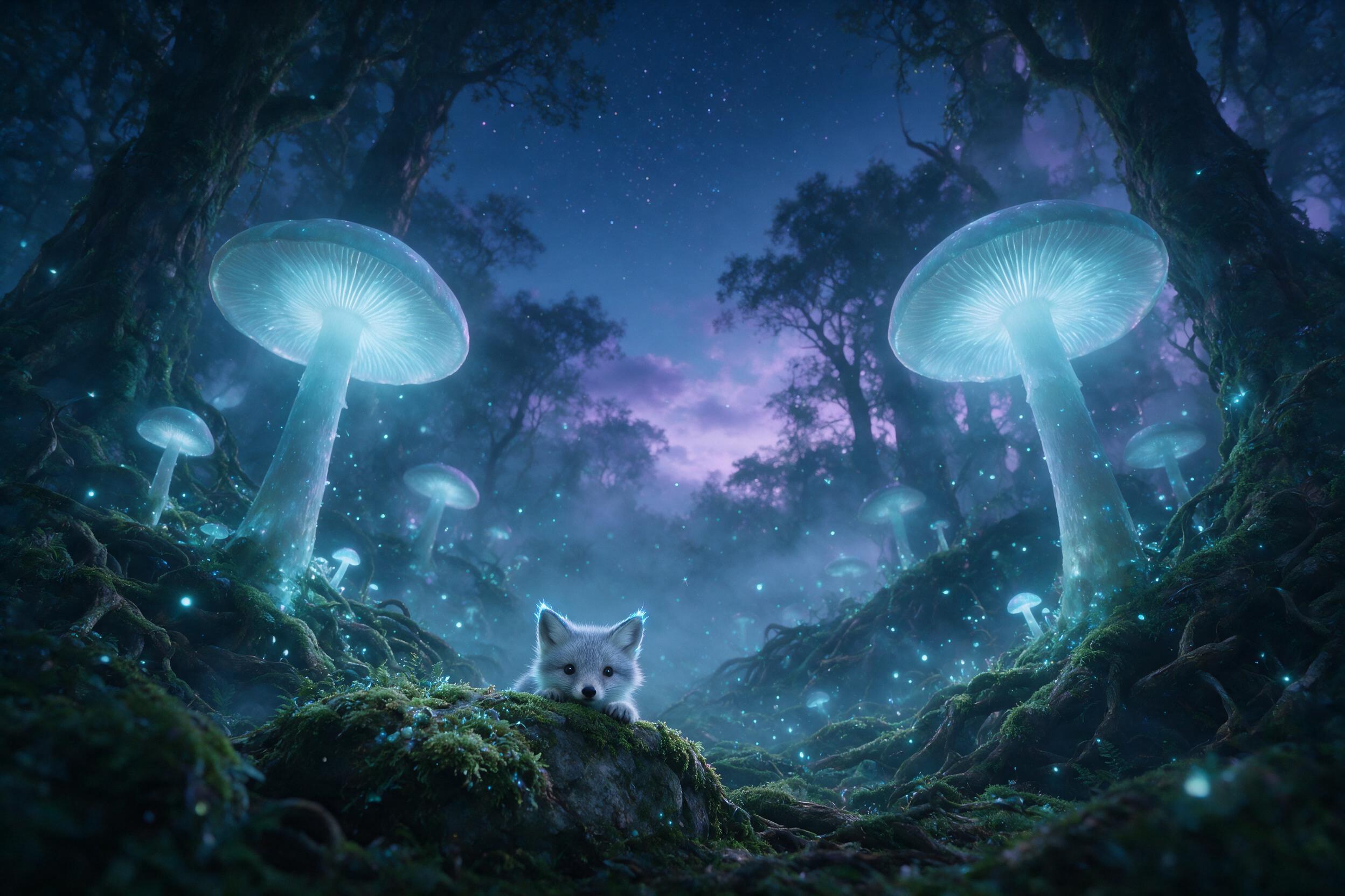 A misty bioluminescent forest at twilight, giant glowing mushrooms casting soft blue light on winding roots, a tiny fox with silver fur peeking from behind a mossy stone, firefly specks drifting in the air, volumetric fog, cinematic composition with a low angle, subtle purple and teal color palette,