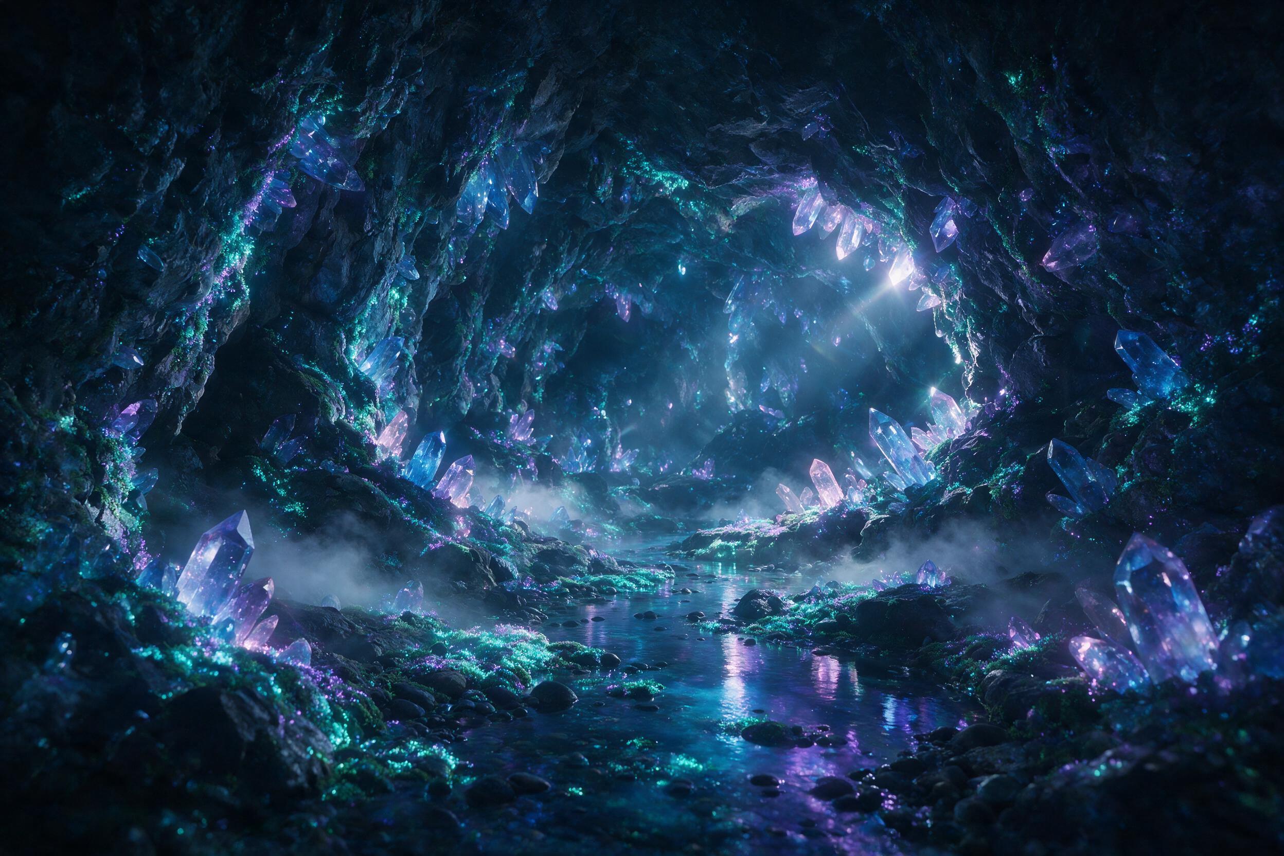 A glowing crystal cave deep underground, bioluminescent moss on jagged rocks, a small stream reflecting soft blue and purple light, mist swirling, slight lens flare, surreal atmosphere, volumetric lighting