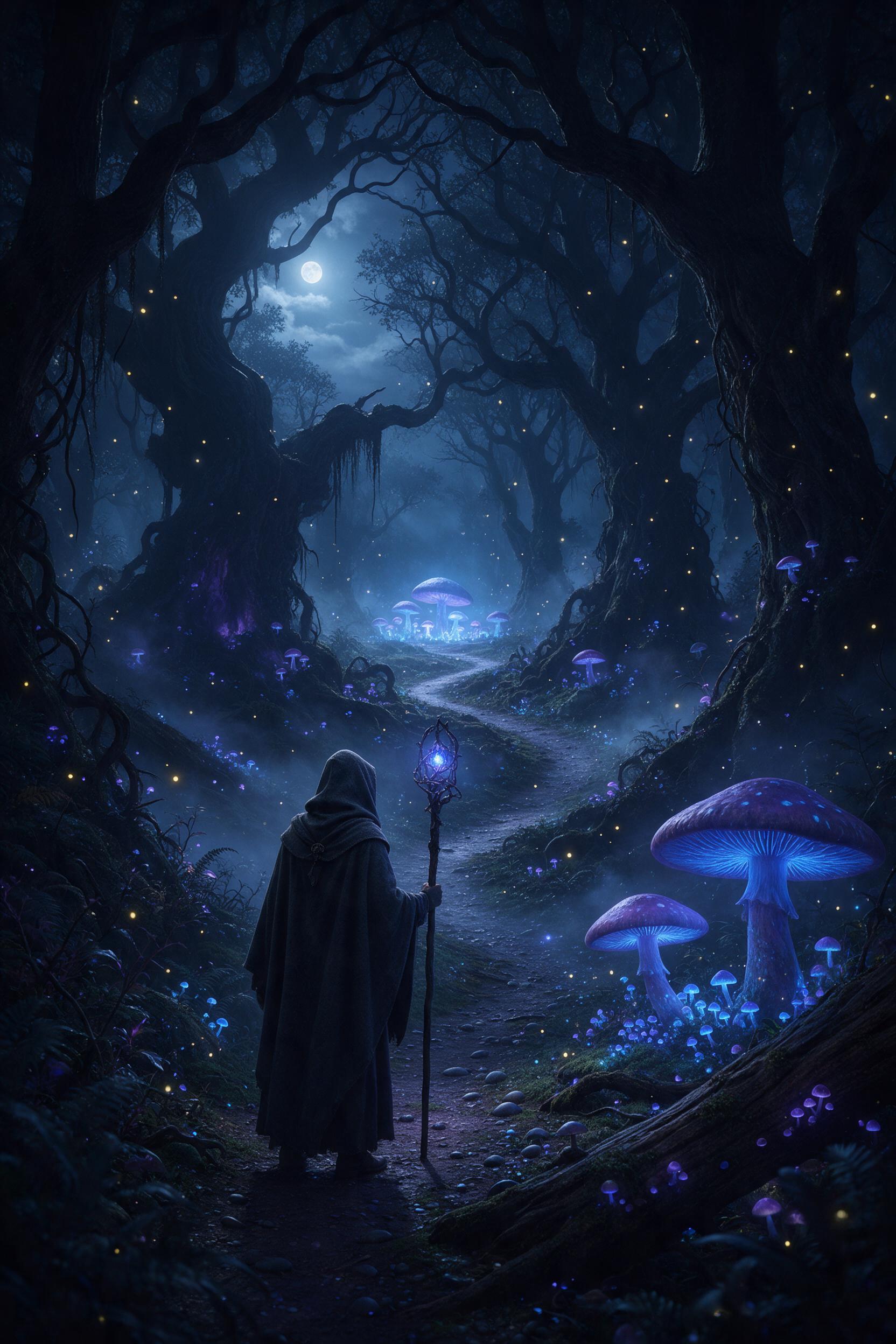 A moonlit bioluminescent forest, giant glowing mushrooms casting blue and purple light on a winding path, ethereal mist, fireflies swirling, ancient twisted trees, a lone hooded figure with a staff, cinematic composition, soft dreamy glow, deep shadows, ultra-detailed fantasy concept art