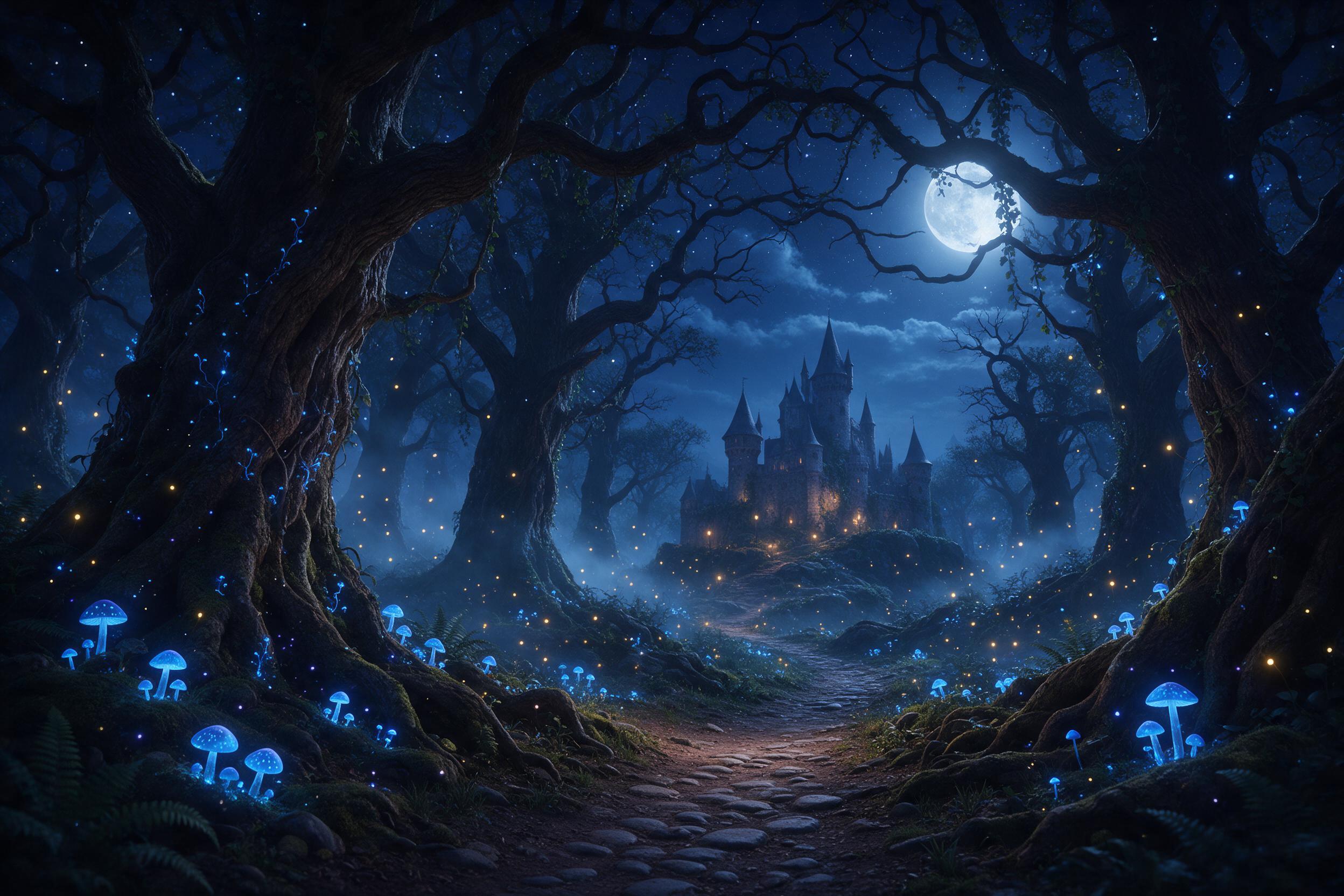 A moonlit enchanted forest with glowing blue mushrooms, a winding path leading to a distant castle, soft mist between ancient oaks, fireflies dancing in the air, cool silver light from above, shadows deep violet, dreamlike ethereal atmosphere