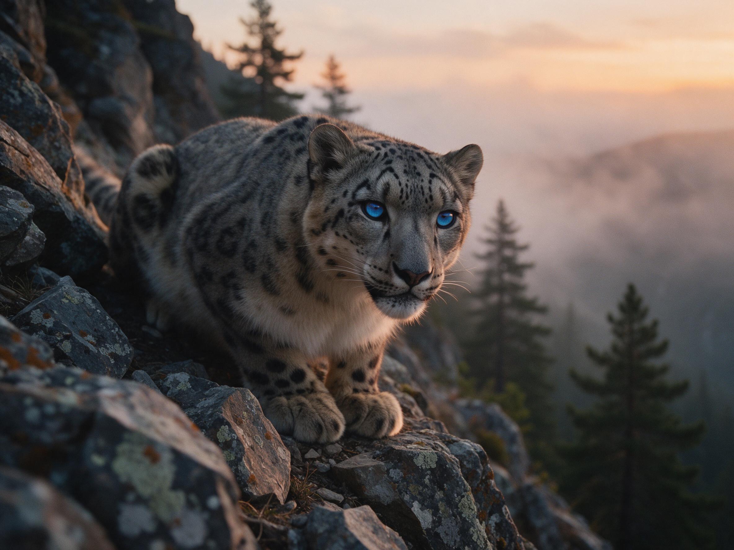 A snow leopard crouched on a rocky cliff at dusk, fur detailed with rosettes, piercing blue eyes reflecting the fading orange light, misty valley below with pine trees, sharp rocks and lichen in foreground, soft golden hour glow, subtle grain film look, shallow depth of field with background slightl
