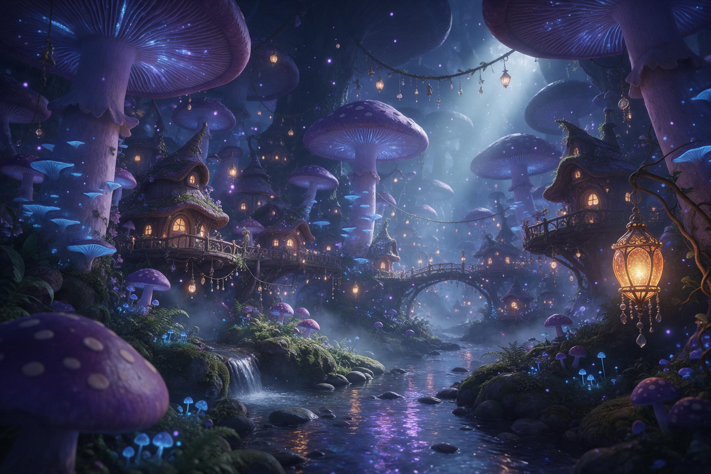 A hidden fairy village nestled in a giant glowing mushroom forest at twilight, tiny lanterns dangling from vines, a crystal-clear stream reflecting purple and blue bioluminescence, mist weaving between mossy trunks, soft ray of moonlight piercing the canopy, warm golden light from windows, whimsical