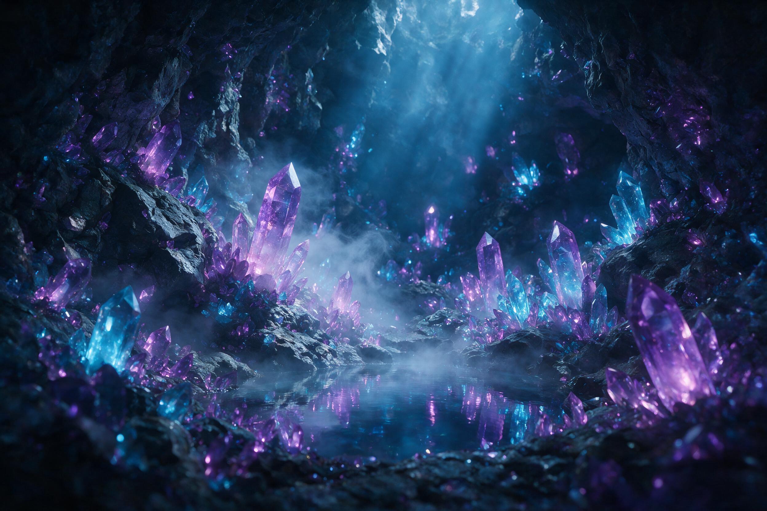 A luminous crystal cave deep underground, glowing violet and cyan crystals embedded in dark rock walls, a small pool of water reflects the bioluminescent light, ethereal mist floats, soft blue light rays from above, cinematic composition, shallow depth of field, magical atmosphere.