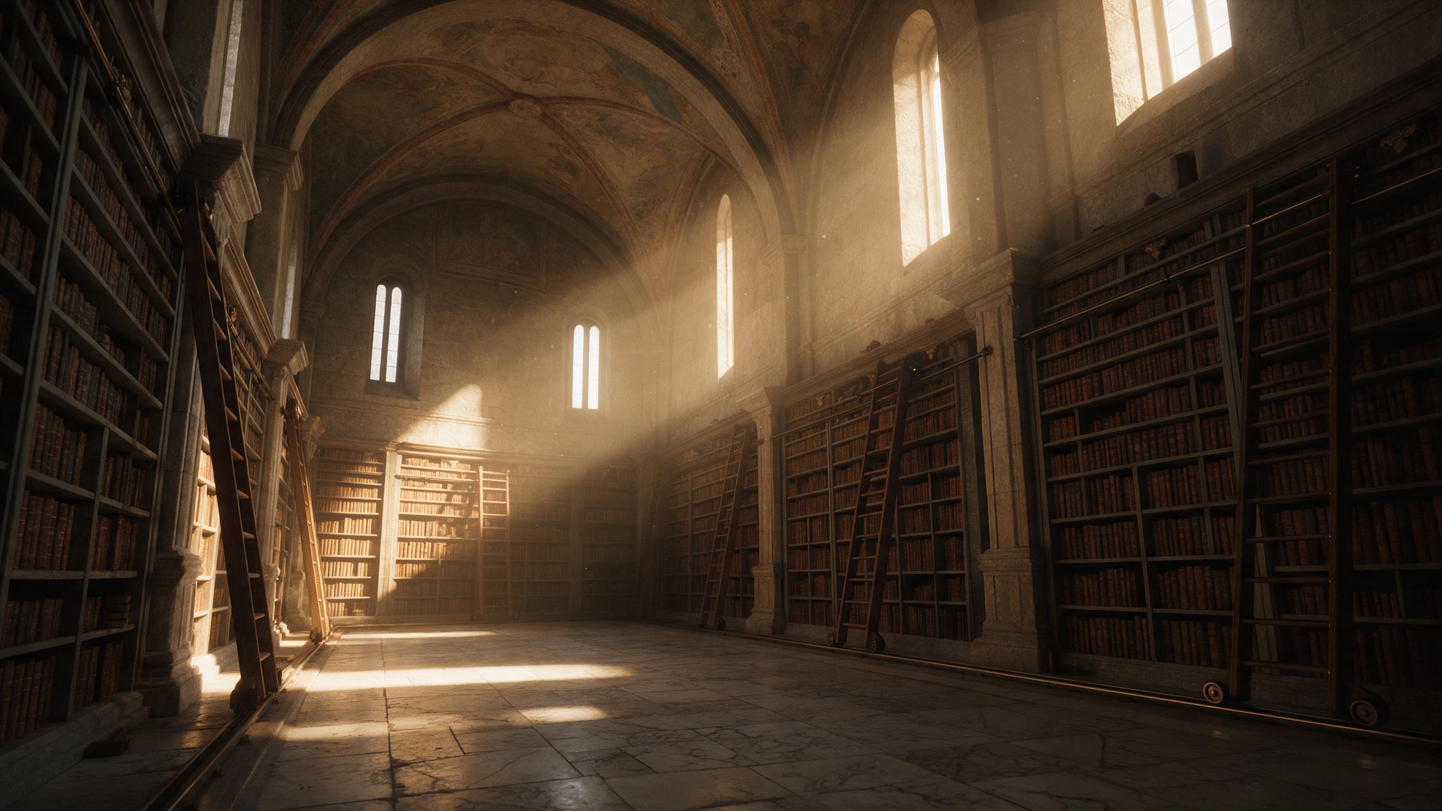 Ancient stone library interior, towering arched ceiling with fading frescoes, dust motes dancing in golden sunbeams from tall narrow windows, worn marble floors, wooden ladders on rolling rails, aged leather books in tall shelves, warm amber light with deep cool shadows, wide angle composition, subt