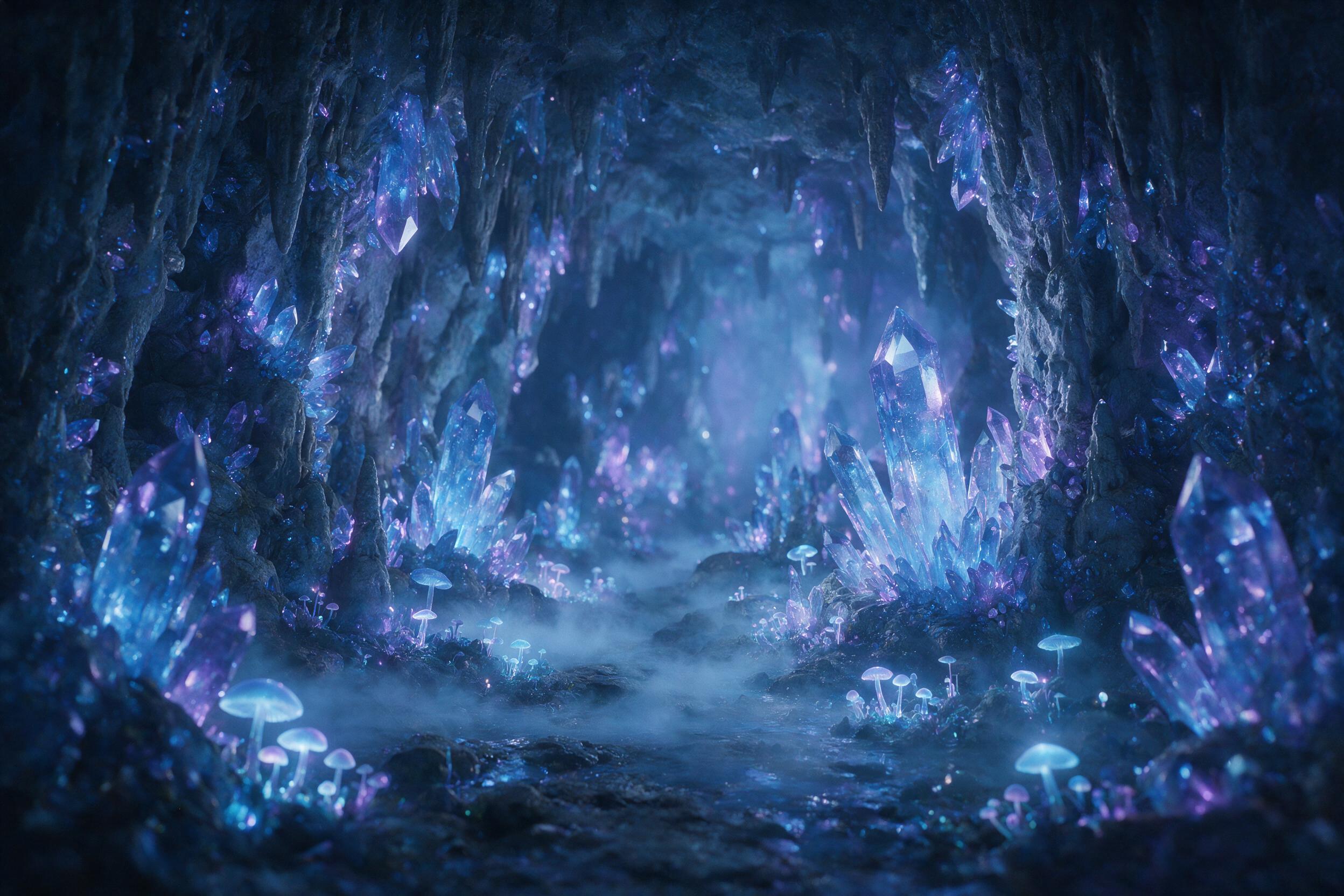 A luminous crystal cave deep underground, with glowing blue and purple crystals sprouting from the walls, a soft mist swirling around the floor, bioluminescent fungi casting a gentle light, shallow depth of field, natural lighting from the crystals, subtle grain.