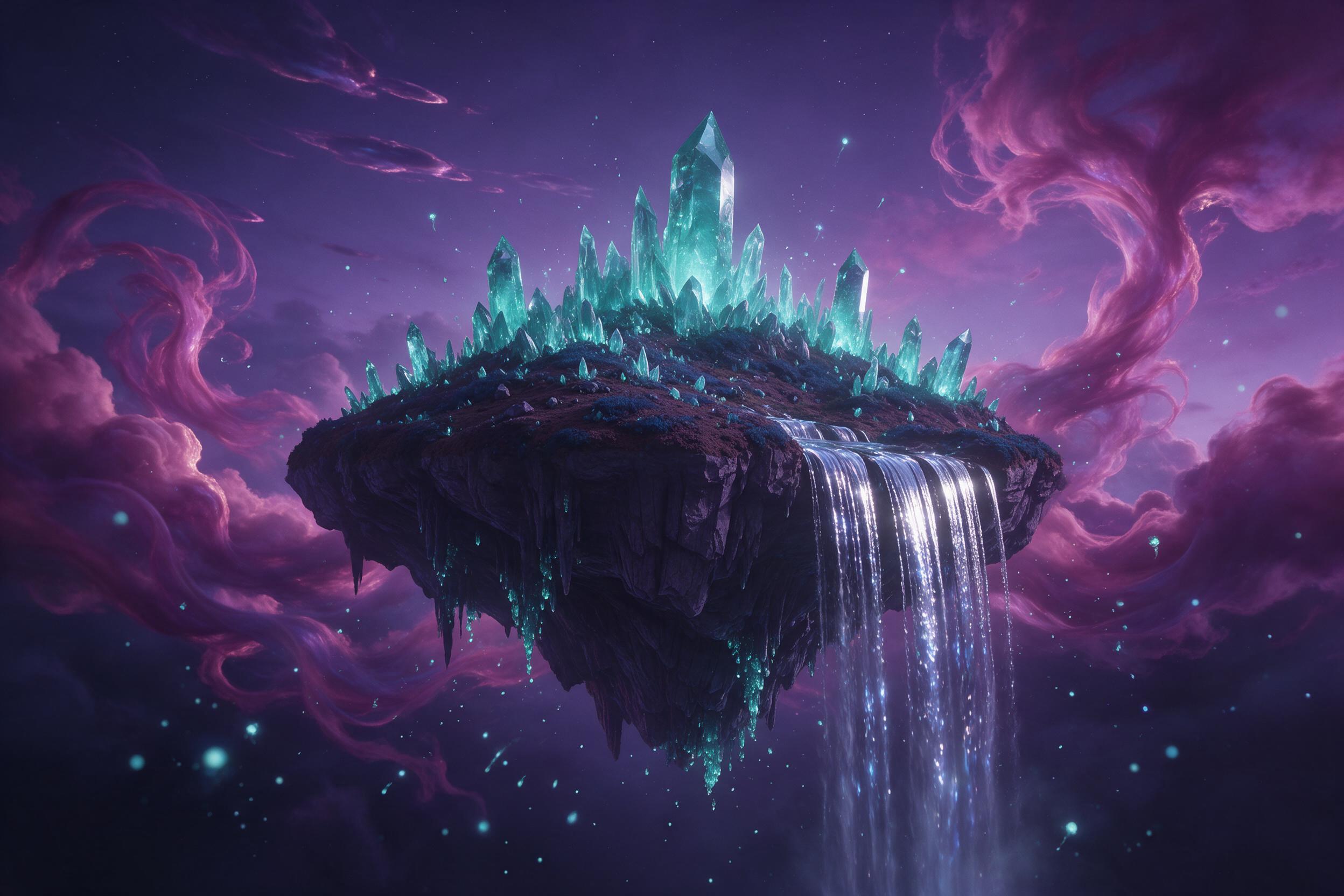 A floating island of luminescent teal crystals drifting in a deep violet twilight sky, surrounded by swirling magenta clouds. A silver waterfall cascades off the edge into the void. Soft bioluminescent spores drift in the air. Composition: central island, wide-angle view, low-angle light from glowin