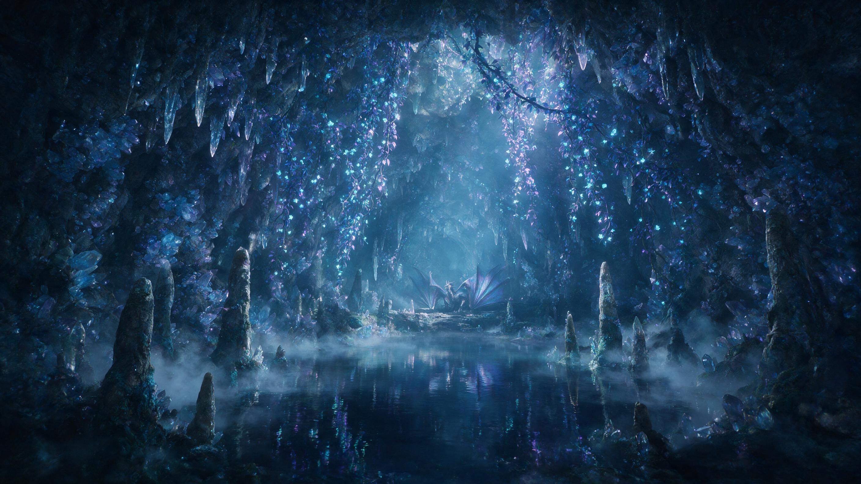 A luminous crystal cave deep underground, with bioluminescent vines hanging from the ceiling, casting soft blue and purple light on a still pool of water. Mist swirls around ancient stalagmites, and a faint silhouette of a mythical winged creature perches in the distance. Soft volumetric lighting, e