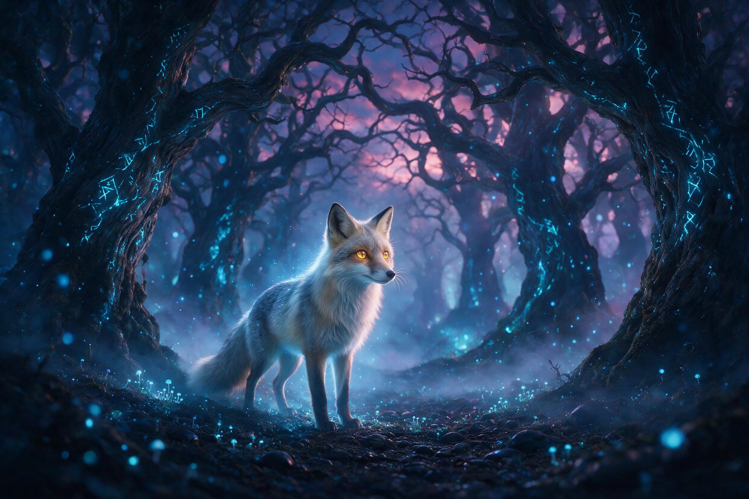 A lone fox with crystalline amber eyes stands in a misty bioluminescent forest at dusk, its fur glowing faintly as ethereal blue spores drift through the air. Ancient gnarled trees twist overhead, their bark veined with glowing cyan runes. Soft volumetric fog catches the last magenta light from the 
