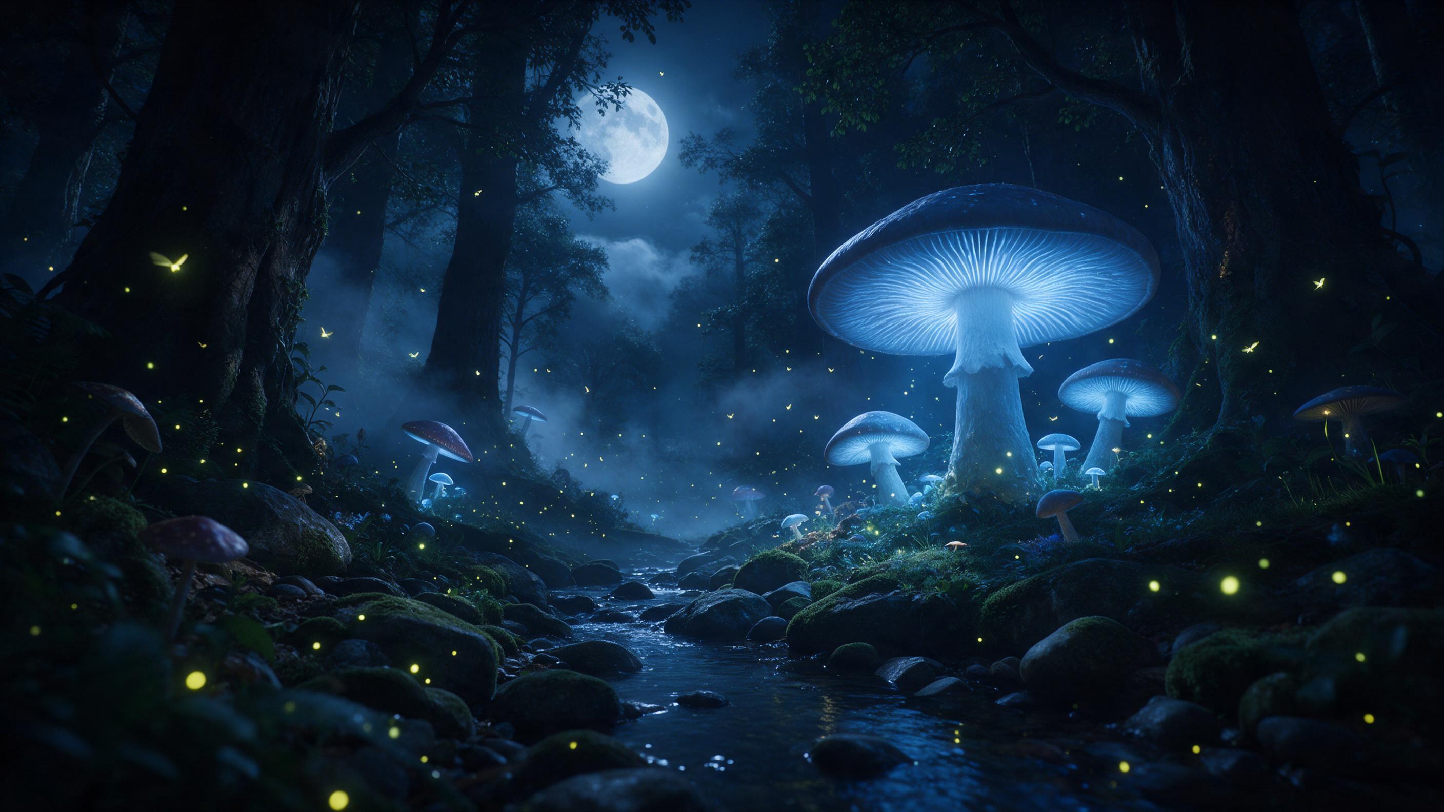 A moonlit enchanted forest with massive glowing mushrooms casting soft blue light, a gentle stream winding through mossy stones, fireflies dancing in the air, mist curling between ancient trees, magical atmosphere with deep shadows and luminous highlights