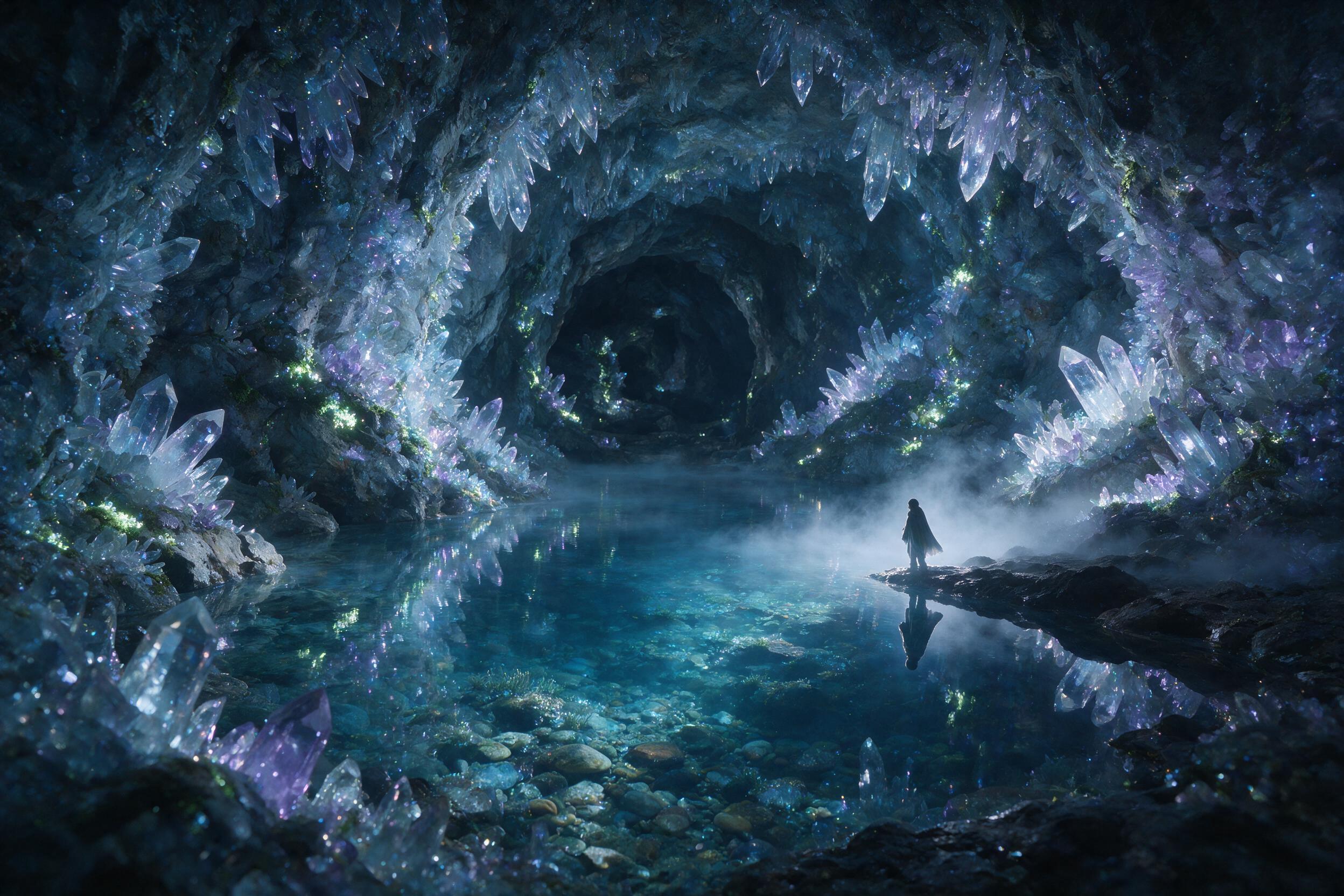 A luminous crystal cave deep underground, bioluminescent moss clinging to jagged walls, a crystal-clear pool reflecting faint blue light, a solitary figure in a flowing cloak standing at the edge, soft mist rising from the water