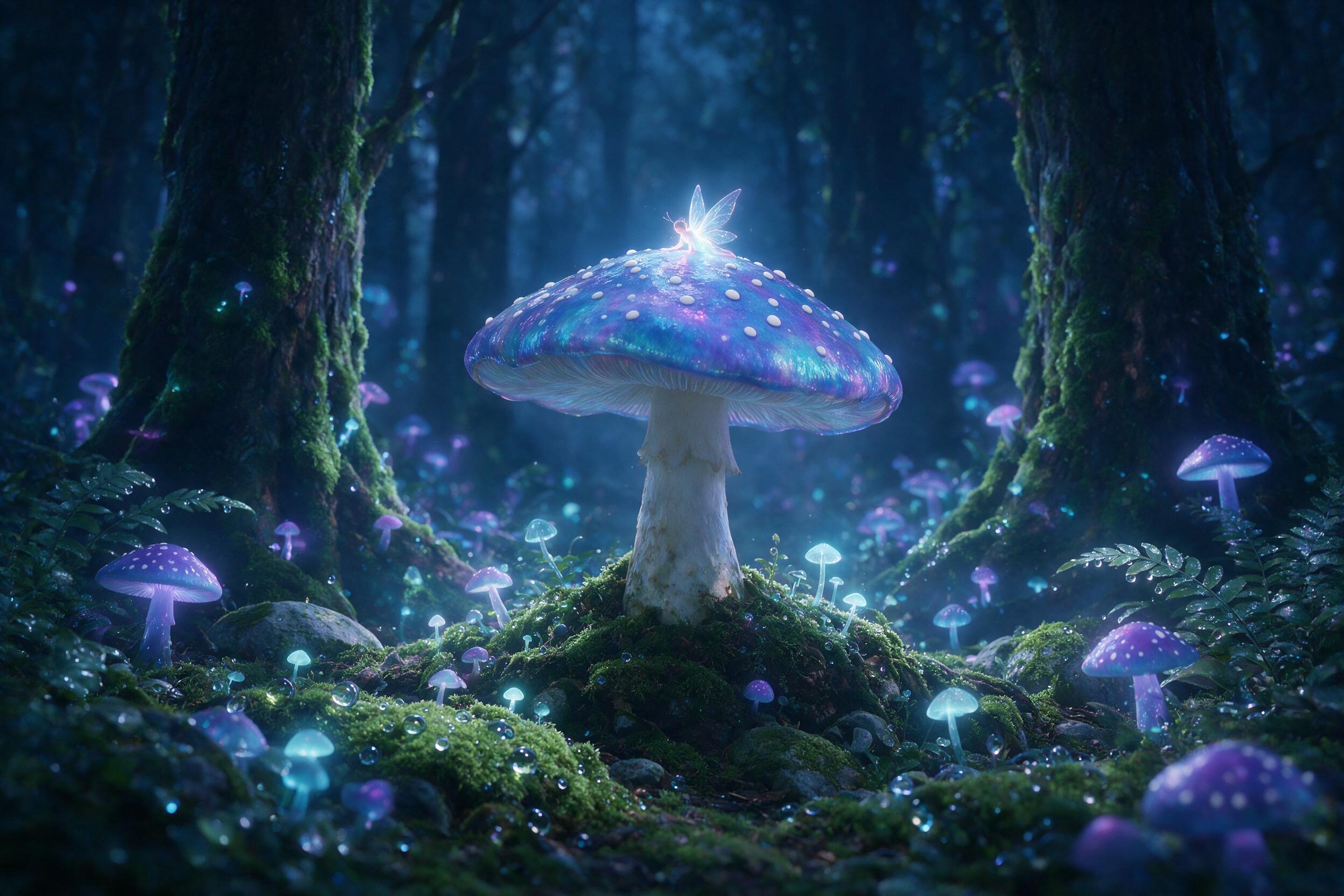 A luminous fairy with translucent wings resting on a giant mushroom in a bioluminescent forest, soft blue and purple light from glowing fungi, misty atmosphere, shallow depth of field, water droplets on moss, natural lighting, cinematic composition