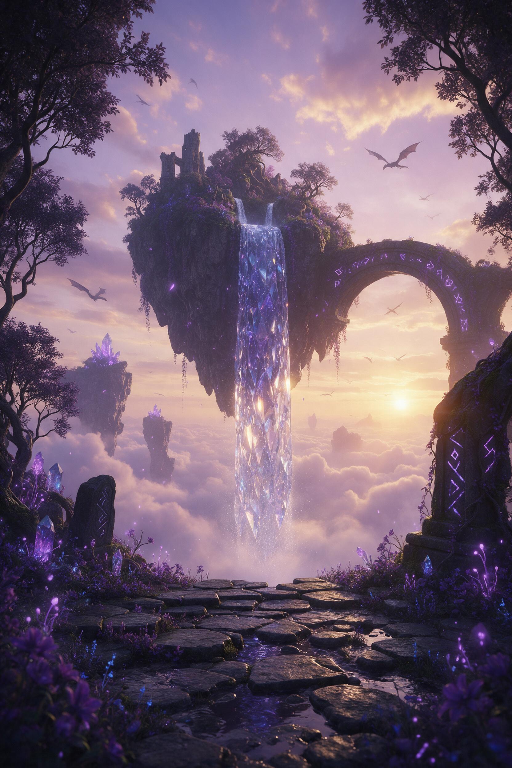An ethereal floating island with a crystalline waterfall cascading into the clouds, soft golden sunset light filtering through mist, ancient glowing runes carved on stone arches, wild purple flora, distant winged silhouettes, depth of field, dreamy atmosphere