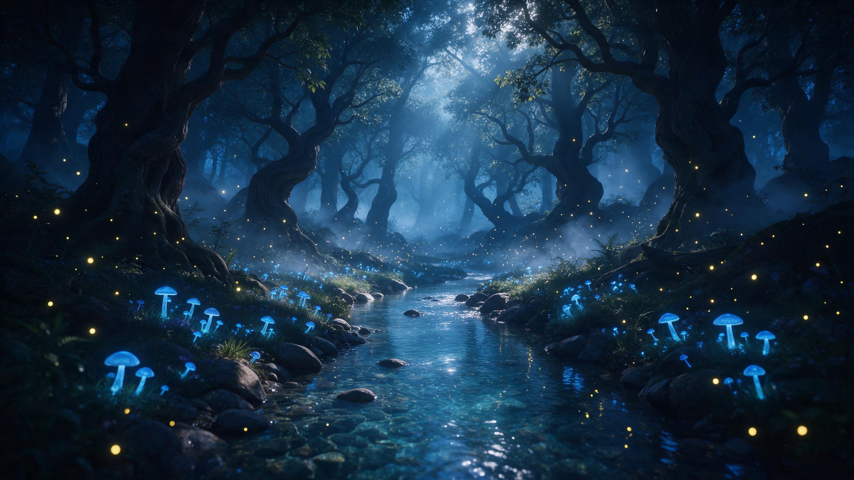A crystal-clear stream winding through a twilight forest, glowing blue mushrooms lining the banks, fireflies casting warm specks of light, mist curling between ancient twisted trees, soft moonbeams pierced through the canopy, dreamy atmosphere, ethereal glow, centered composition.