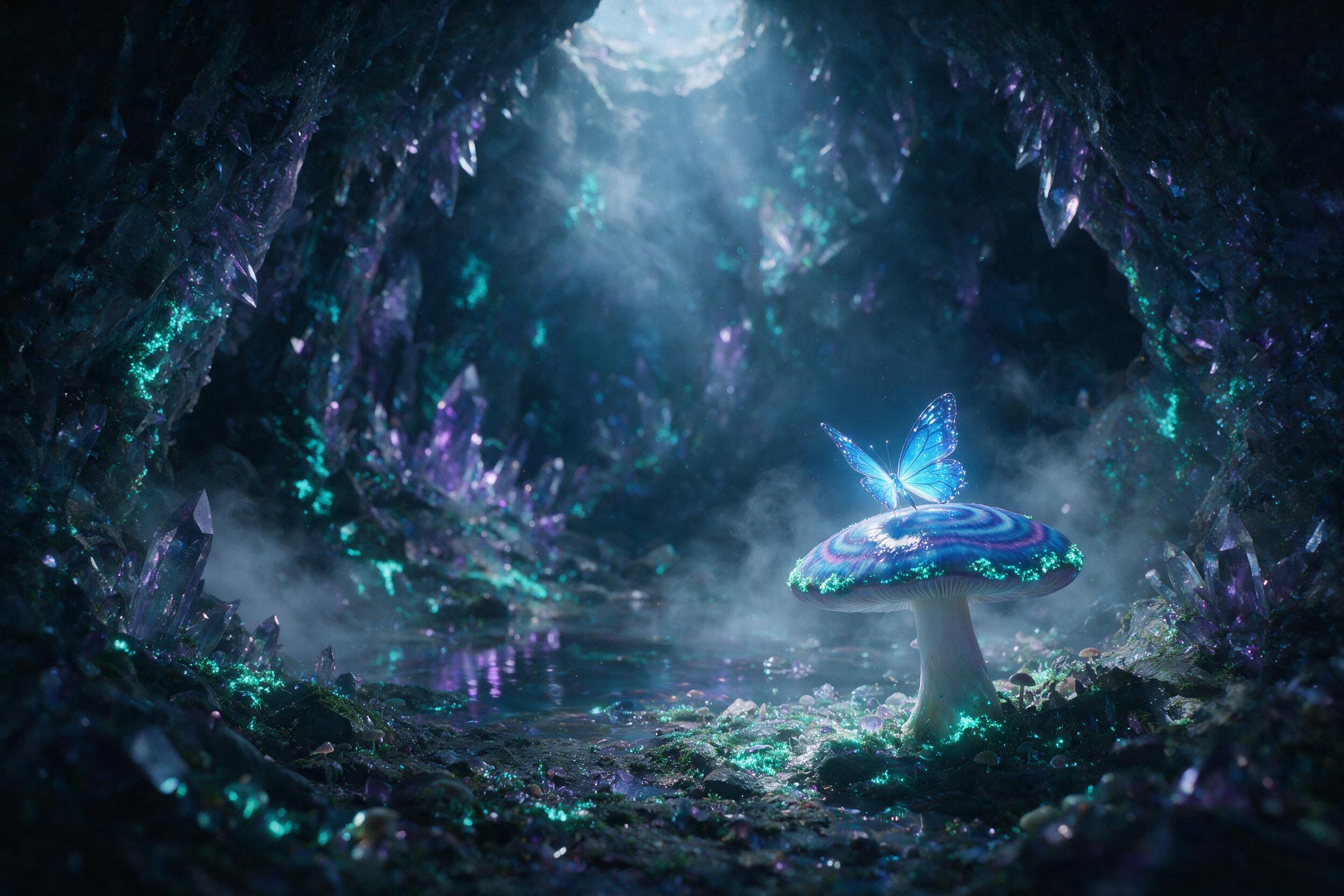 A luminous crystal cave deep underground, bioluminescent moss covering jagged walls, a lone glowing blue butterfly resting on a mushroom, soft mist swirling, subtle purple and teal reflections on water puddles, single light source from above, shallow depth of field, slight grain, ethereal atmosphere