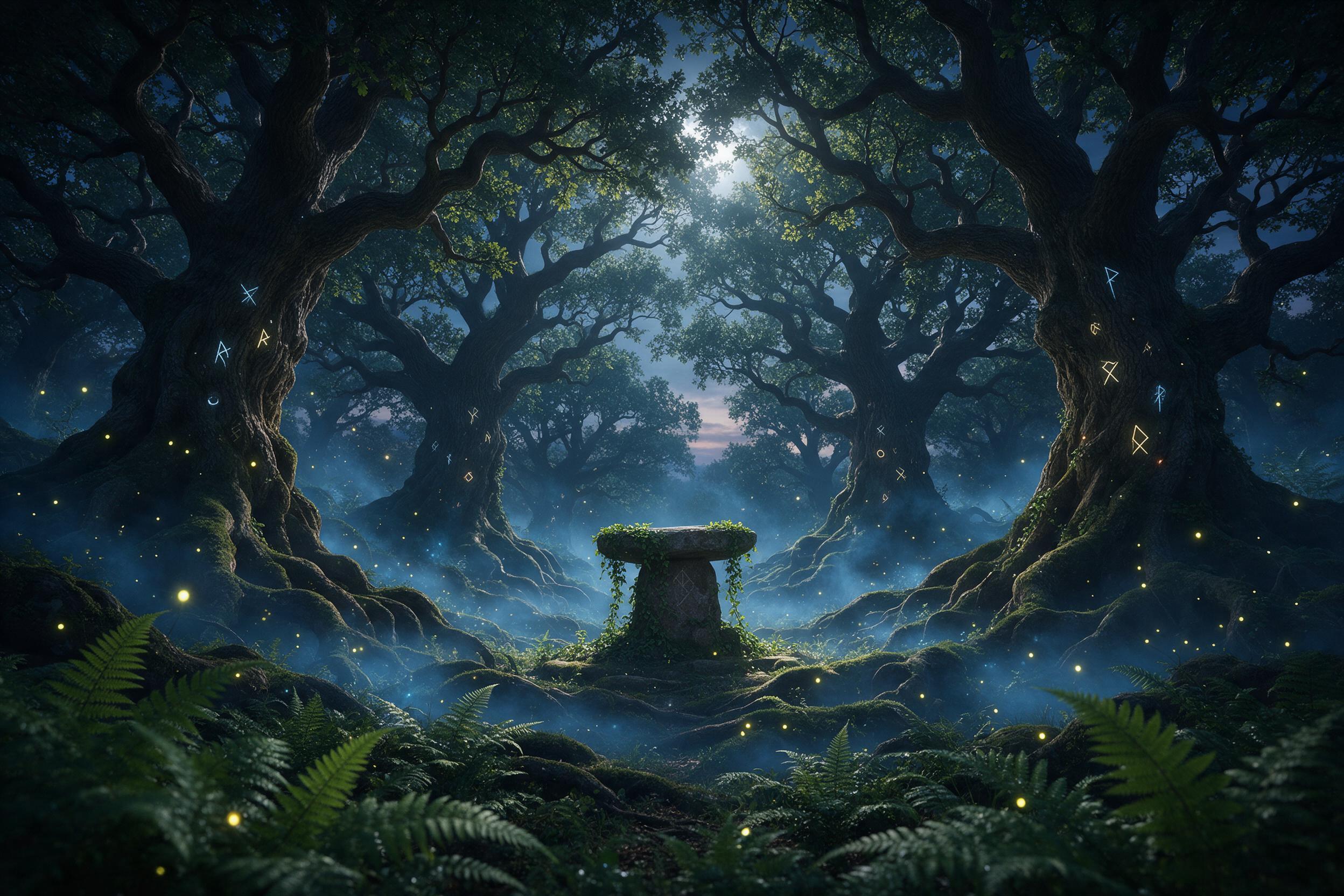 Ancient druid's grove under a twilight sky, towering gnarled oaks with glowing runes, shimmering blue mist weaving between mossy roots, fireflies like floating embers, a single stone altar with verdant vines, soft diffused moonlight piercing canopy, ethereal atmosphere, foreground ferns crisp, backg