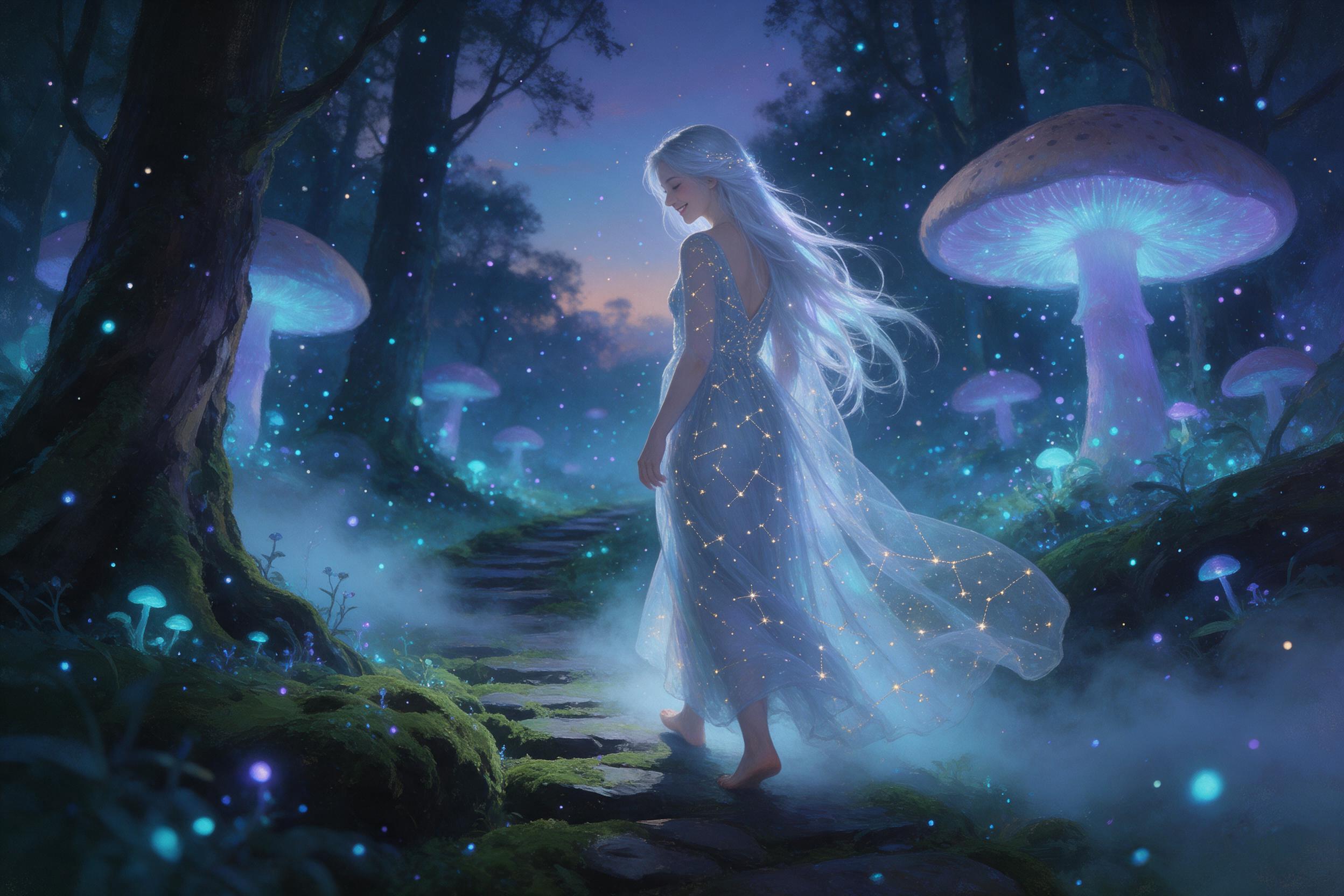 A bioluminescent forest at twilight, massive glowing mushroom caps casting cyan and violet light, tiny floating spores like stars in the air., A young woman with silver hair walking on a mossy path, her dress shimmering with stitched constellations, mist curling around her bare feet, painterly brush