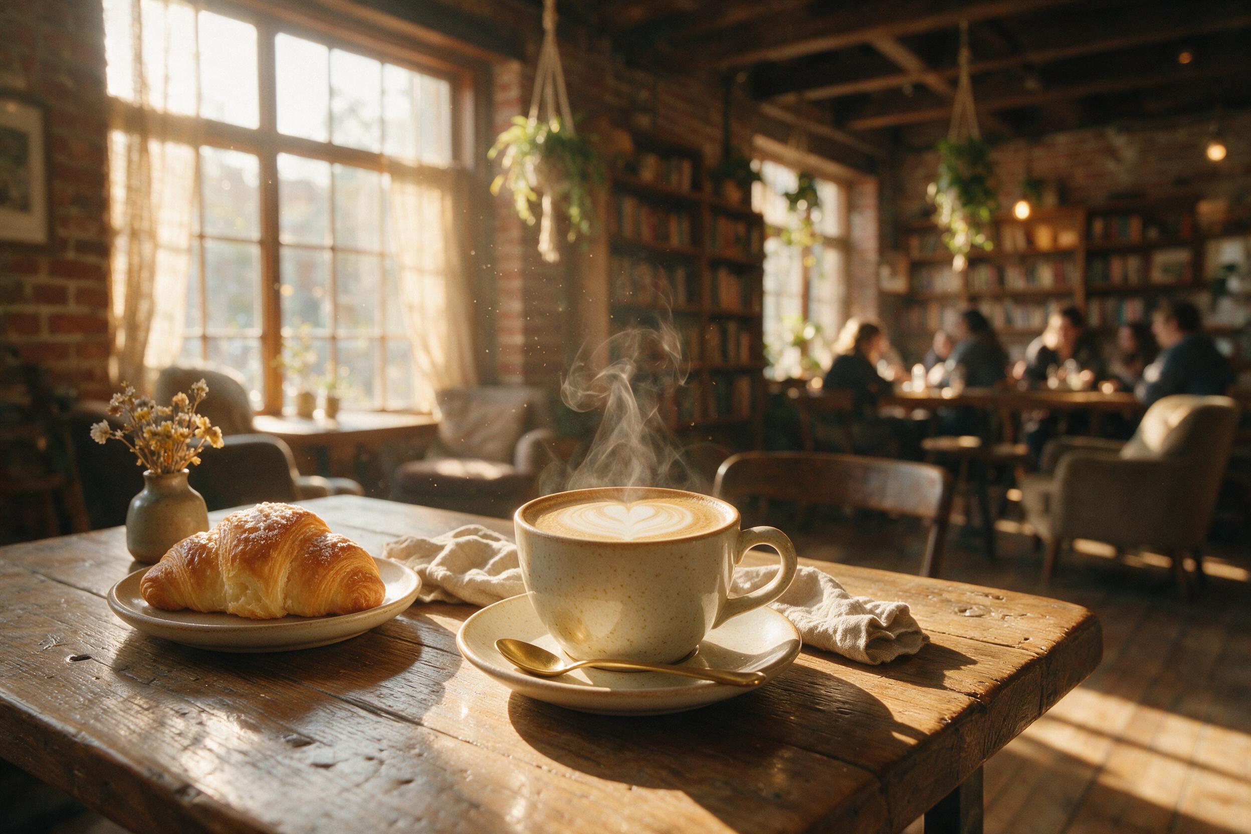 A cozy coffee shop interior bathed in warm morning light, steam rising from a ceramic cup on a wooden table, soft focus on a croissant, blurred background of bookshelves and hanging plants, natural window light, slight film grain, inviting atmosphere