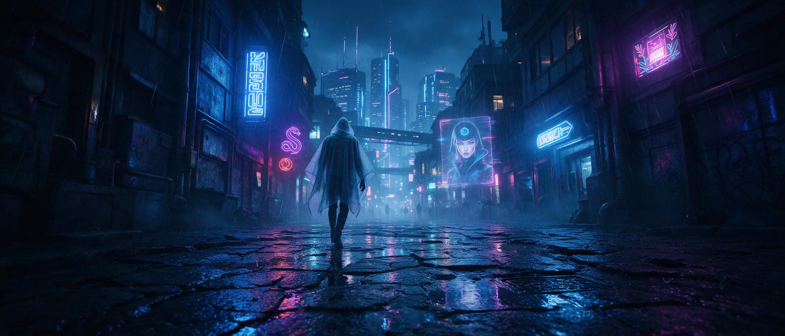 A foggy neon-lit alley on a rainy cyberpunk night, holographic ads reflecting on wet pavement, a lone figure in a translucent poncho walking away, distant towering skyscrapers, cool blue and magenta tones, cinematic wide shot.