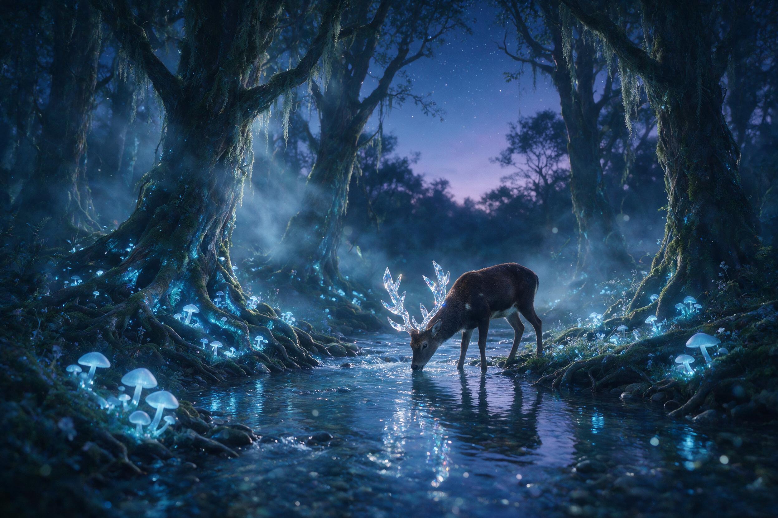 A luminous forest at twilight, where ancient trees have glowing blue roots and bioluminescent mushrooms. A solitary deer with antlers made of crystal drinks from a shimmering stream. Mist weaves between the trunks, soft fog light, shallow depth of field, slight grain, ethereal atmosphere.