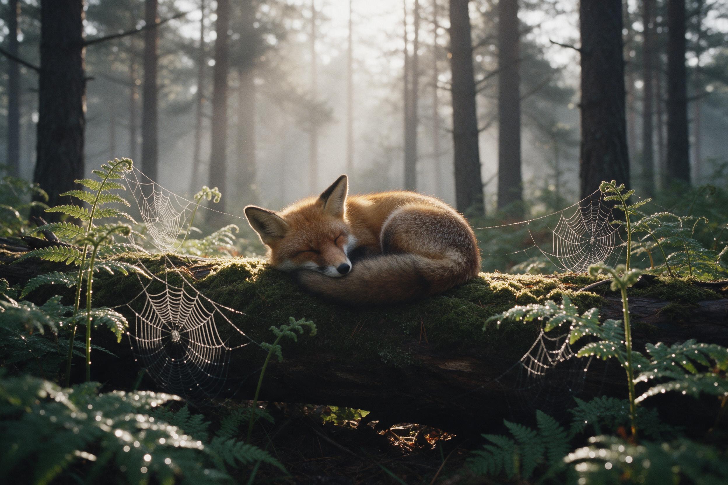 A red fox curls asleep on a moss-covered fallen log in a misty pine forest. Morning light filters through the canopy, casting soft golden rays and long shadows. Foreground includes ferns and dew-dropped spider webs, background fades into fog. Composition centered, shallow depth of field, subtle film