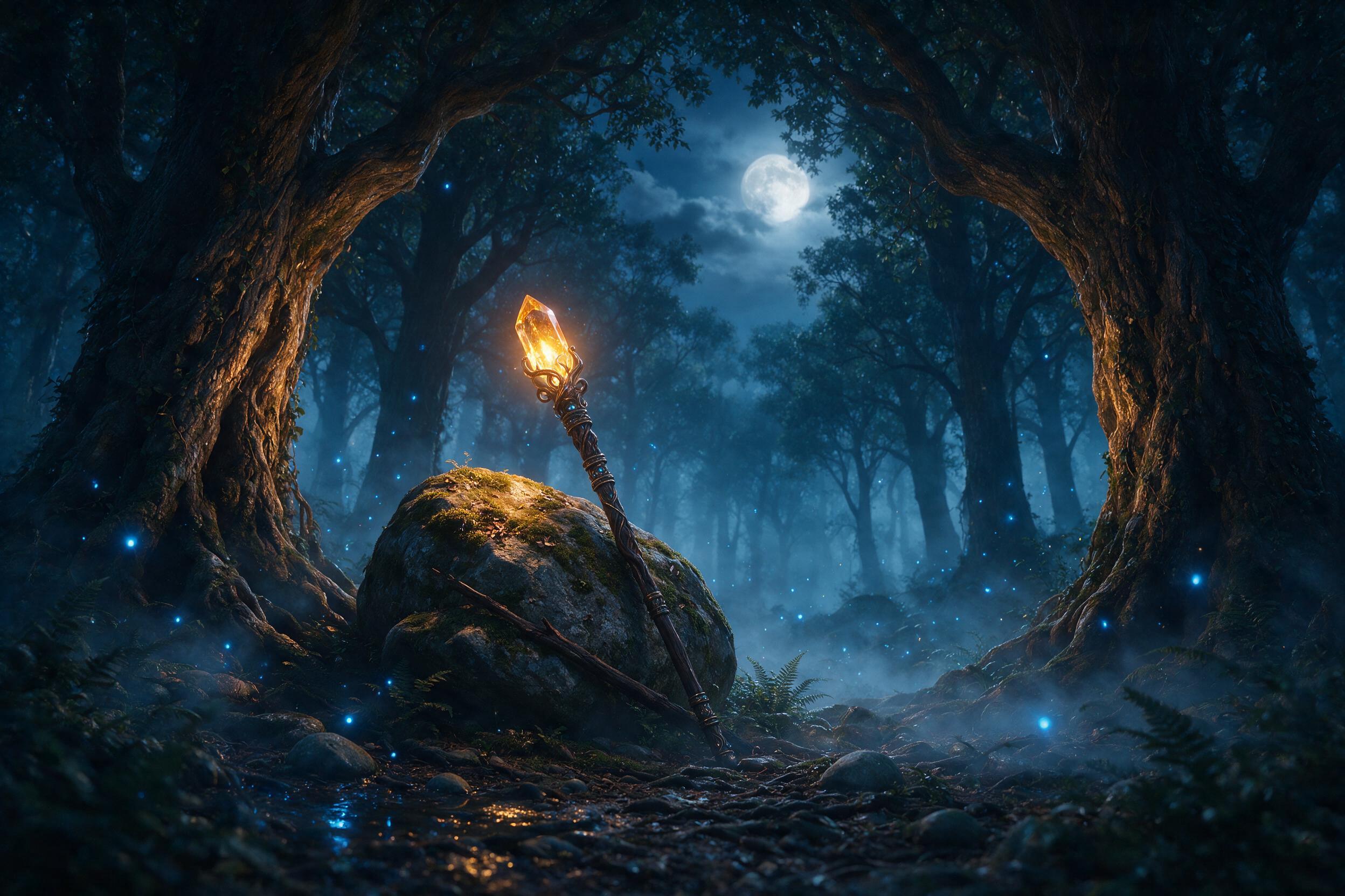 In a moonlit ancient forest, a glowing crystal staff rests on a mossy stone, surrounded by drifting blue fireflies. Soft mist swirls at ground level, with towering gnarled trees framing the scene. Warm amber light from the staff contrasts with cool twilight blues, creating a mystical atmosphere. Sli
