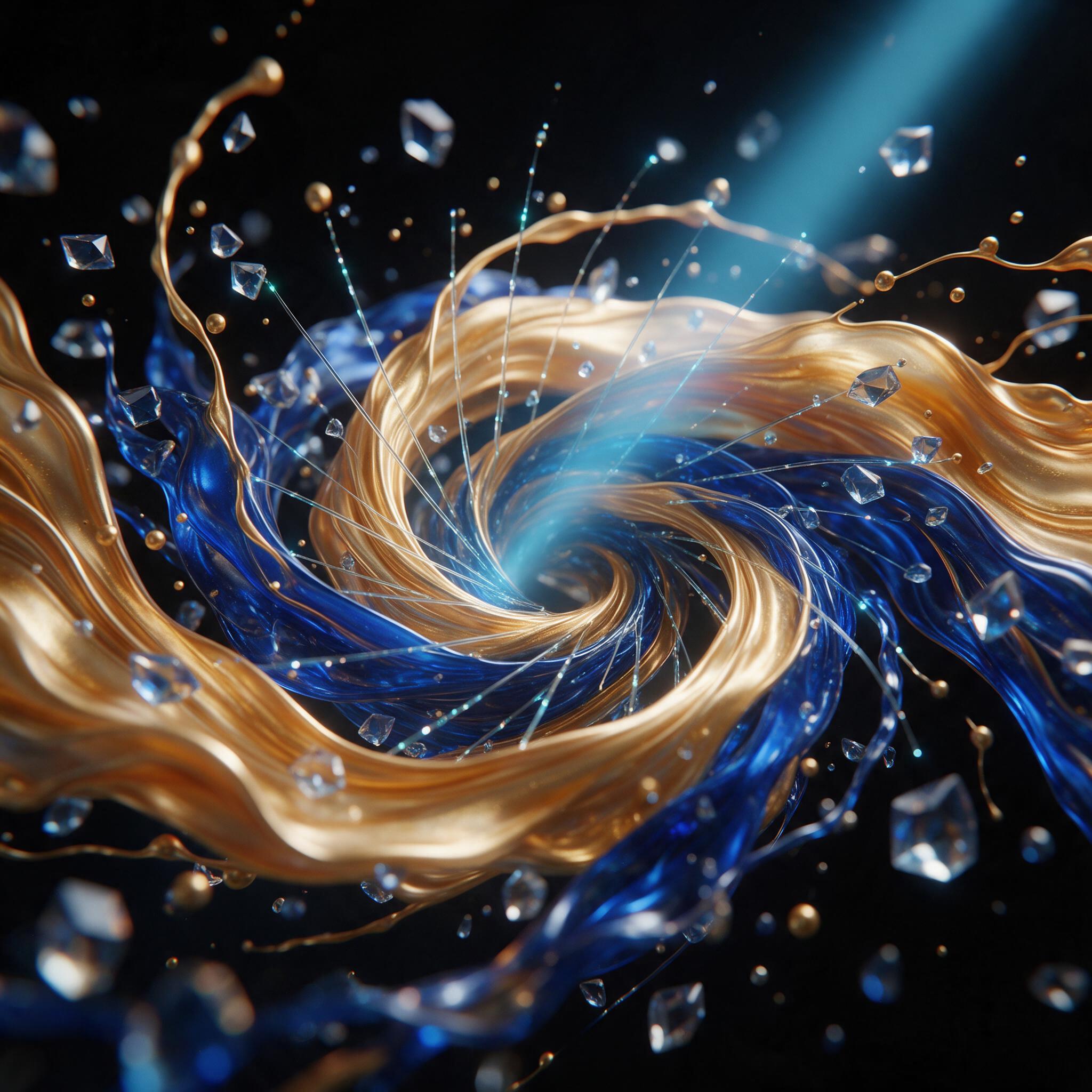 Swirling ribbons of molten gold and deep sapphire collide in a void of matte black, fluid dynamics frozen mid-motion, delicate glass filaments catching a single beam of cold cyan light, macro lens perspective emphasizing the silky texture of the metal against sharp faceted shards, subtle chromatic a