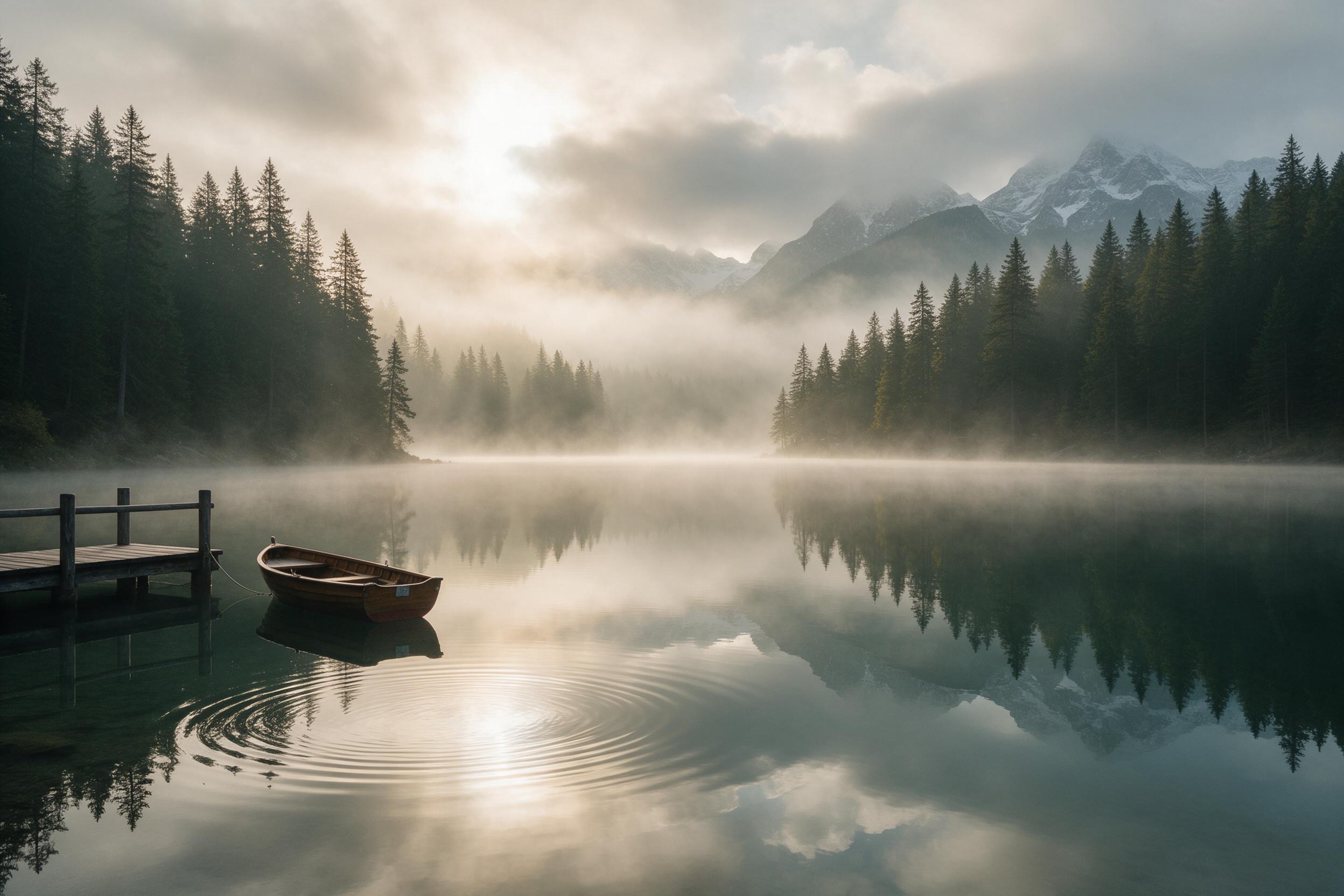 Morning mist over a quiet alpine lake, the surface mirrored perfectly with surrounding pine forests and snow-capped peaks, soft golden sunlight filtering through low clouds, a small wooden rowboat tied to a dock on the left side, gentle ripples near the shore, muted teal and warm amber tones, compos
