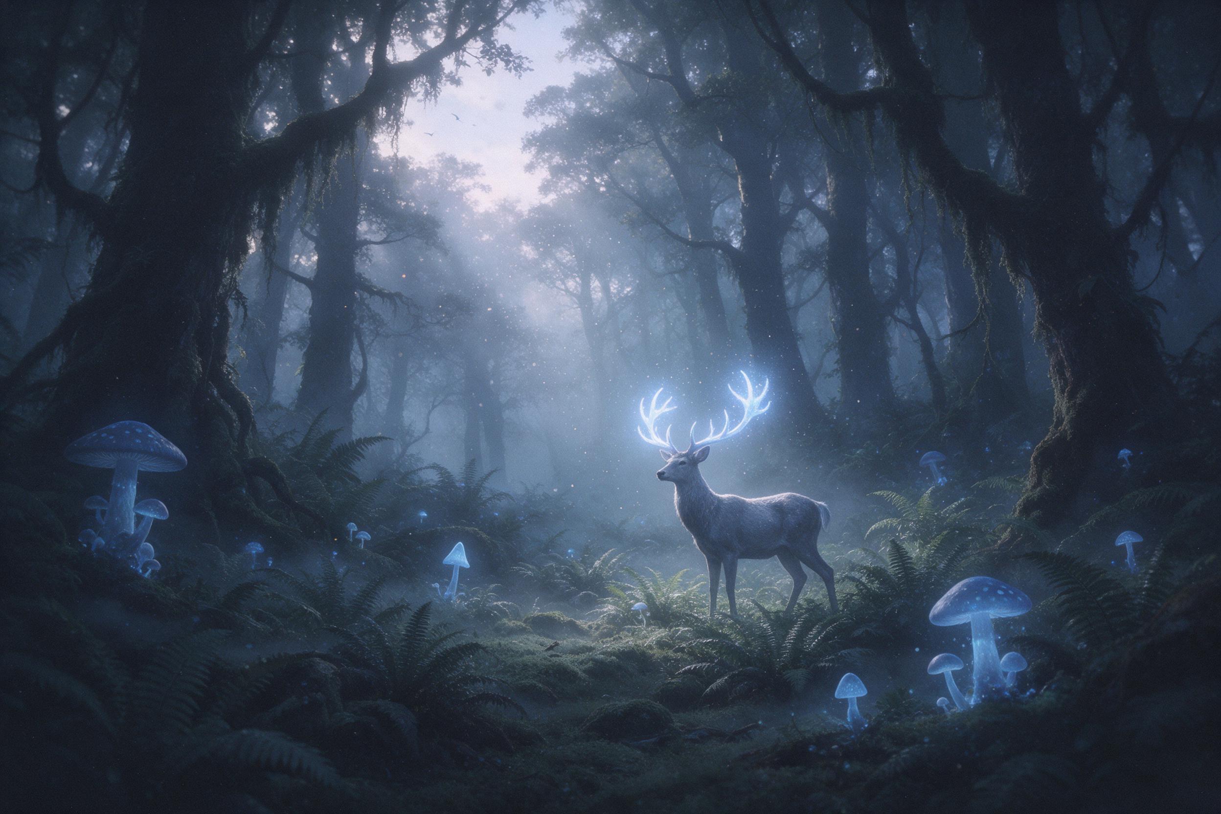 A misty ancient forest at dawn, giant glowing blue mushrooms dot the mossy floor, a silver stag with glowing antlers stands among ferns, soft volumetric light rays pierce the canopy, floating dust particles, ethereal atmosphere, muted greens and blues, slight grain, painterly style