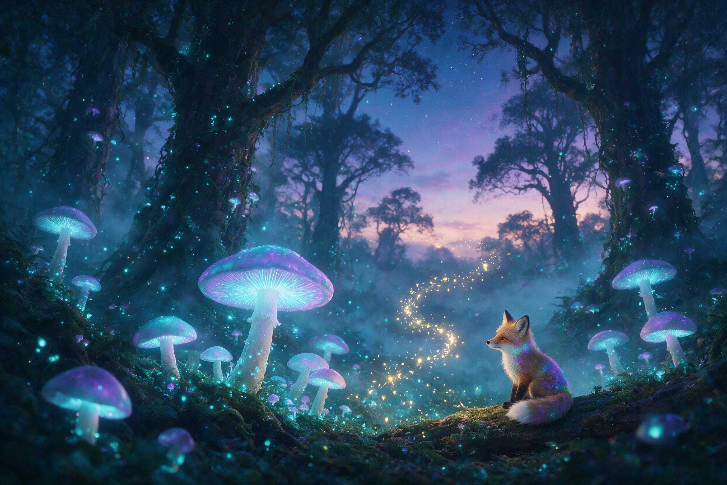 A bioluminescent forest at twilight, giant glowing mushrooms and floating spores, mist weaving between ancient trees, a small fox with iridescent fur watching a spiral of fireflies, soft cyan and violet light, shallow depth of field, painterly textures