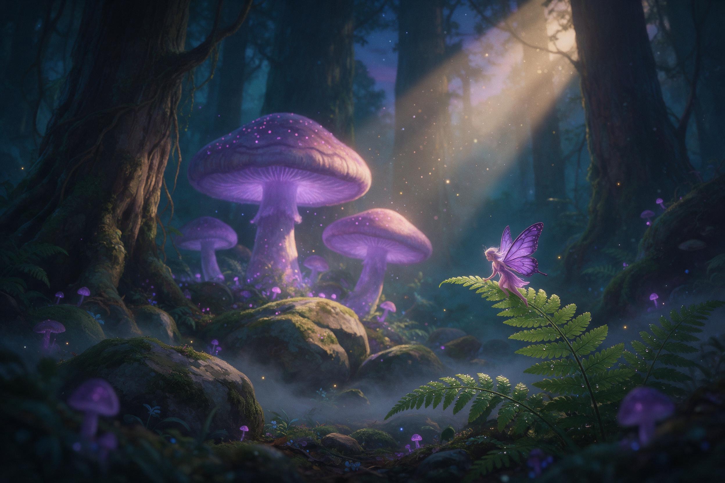 Ancient forest at twilight, colossal glowing mushrooms casting violet light, tiny translucent fairy with butterfly wings perched on a fern, mist swirling between mossy boulders, deep teal shadows, shaft of golden light from a canopy break, painted in enchanted storybook style, shallow depth of field