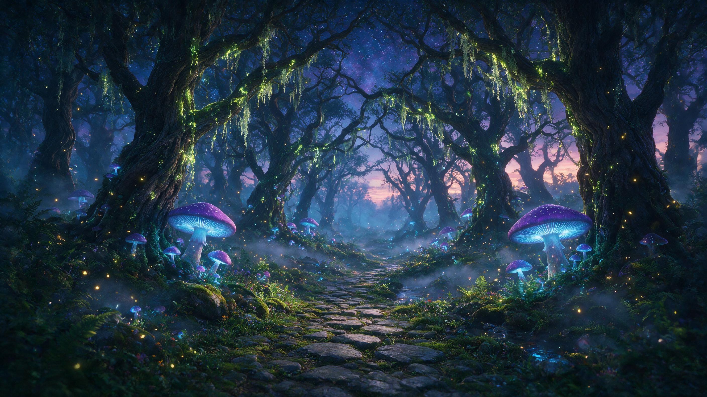 A mystical forest at twilight, where massive glowing mushrooms emit soft blue and purple light. A winding path of mossy stones leads into the misty distance. Fireflies float in the air like tiny stars. The trees are ancient and twisted, their branches covered in luminescent moss. Soft fog rolls thro