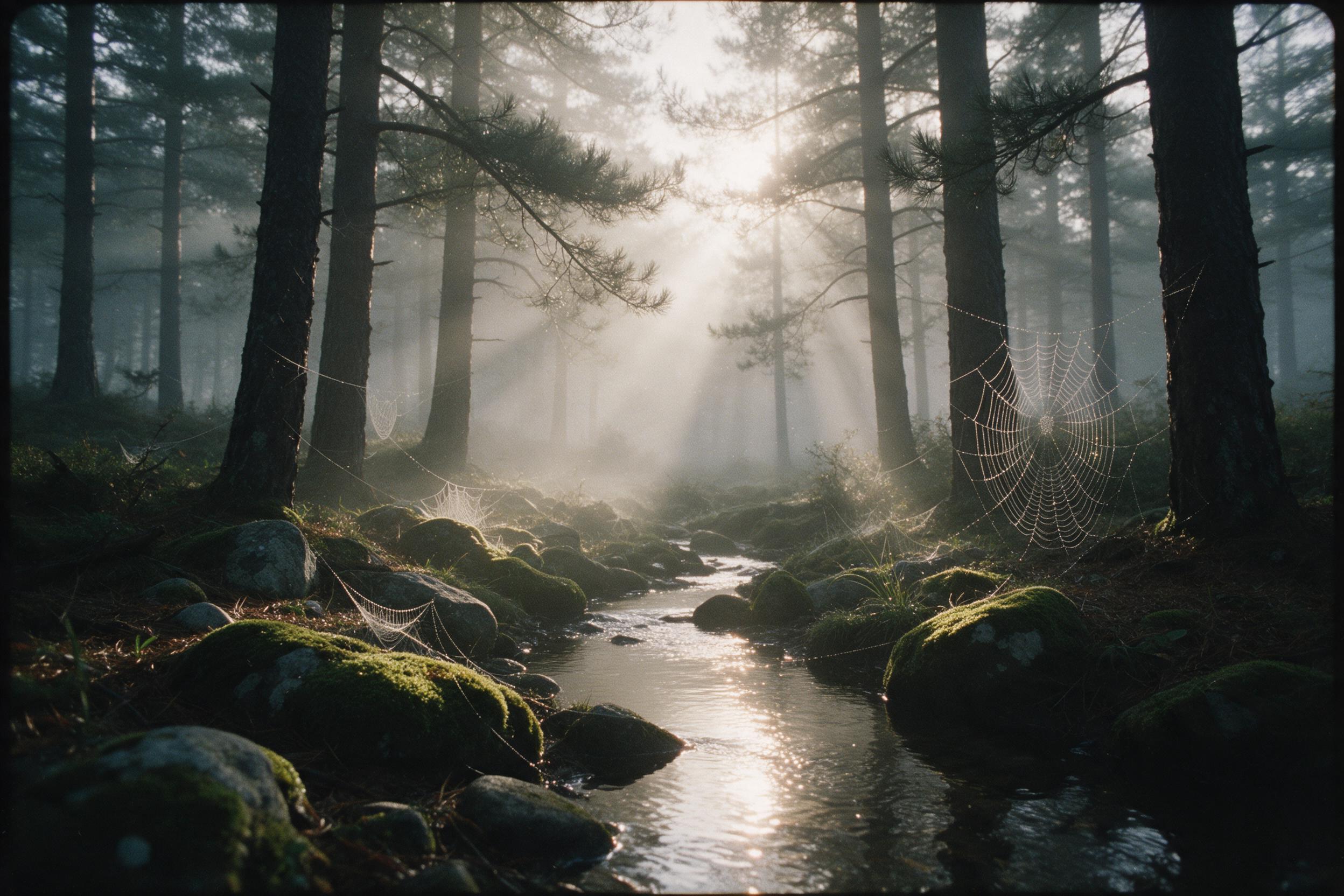 A misty pine forest at dawn, sunbeams piercing through fog, a small stream reflecting soft golden light, moss-covered stones, dewdrops on spider webs, tranquil and untouched, shot on 35mm film, natural grain, slight vignette