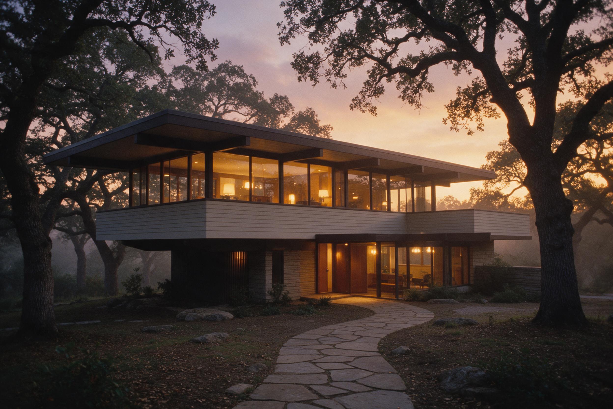 A 1960s mid-century modern home exterior at dusk, warm lights glowing through floor-to-ceiling windows, a cantilevered flat roof, horizontal lines, surrounded by mature oak trees, a winding flagstone path, soft orange and purple sky, gentle haze, slight grain, amateur 35mm composition, captured from