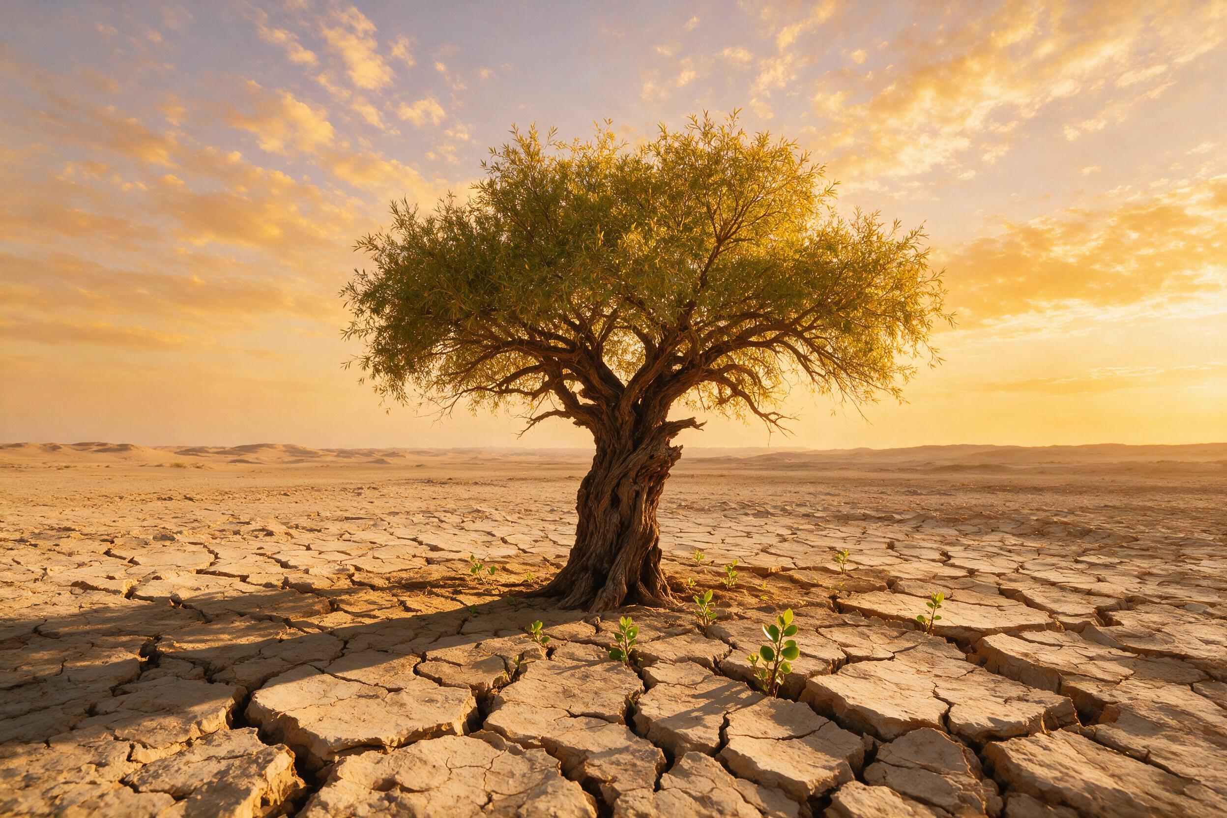 A single ancient willow tree stands alone in a vast, cracked desert. Golden hour light casts long shadows across the fractured earth. Small green shoots emerge from the deepest cracks. Wide-angle shot emphasizing the tree's isolation and the immense sky. Soft, warm light, slight haze on the horizon.