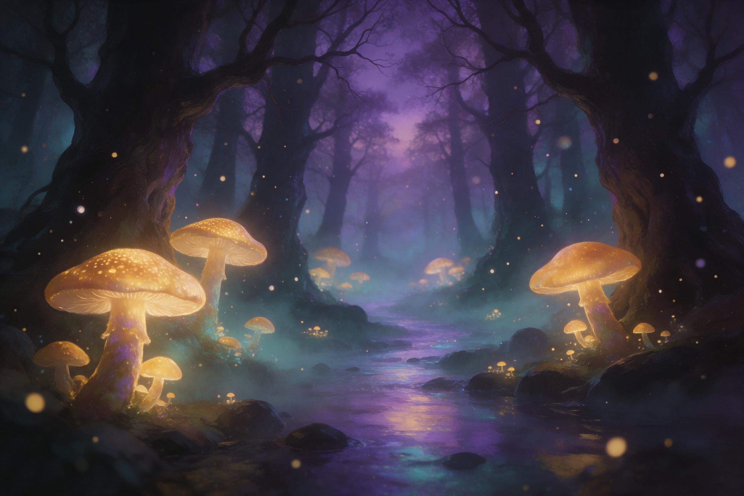 A luminous forest at twilight, giant glowing mushrooms and floating spores, a misty stream reflecting violet and teal light, silhouetted ancient trees, soft ethereal atmosphere, shallow depth of field, painterly style, no harsh edges.